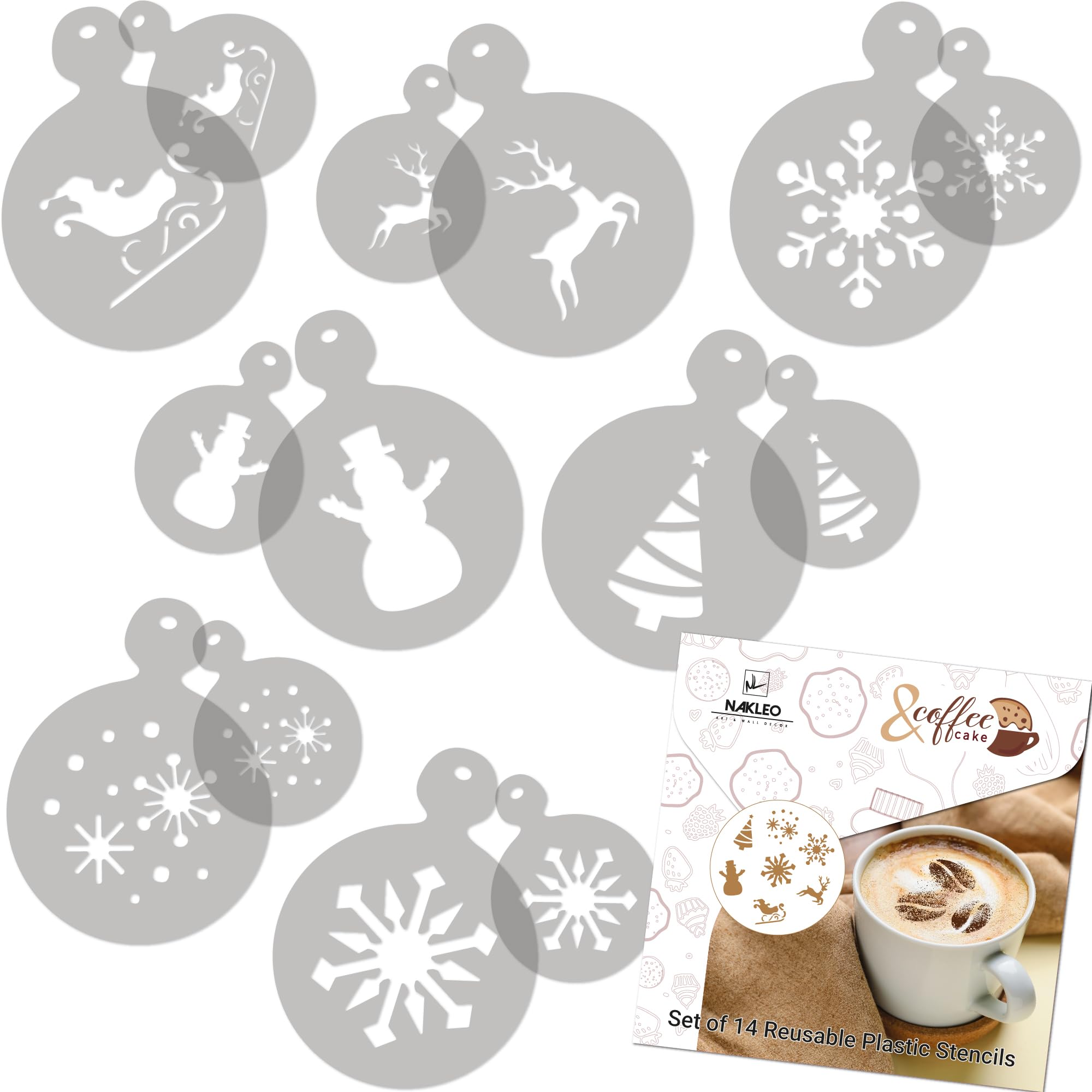 NAKLEO Coffee Stencils and Cookies Decoration 14Pcs 7x7 and 11x11cm, Reusable Plastic Baking Templates, Winter Snowflake Snow
