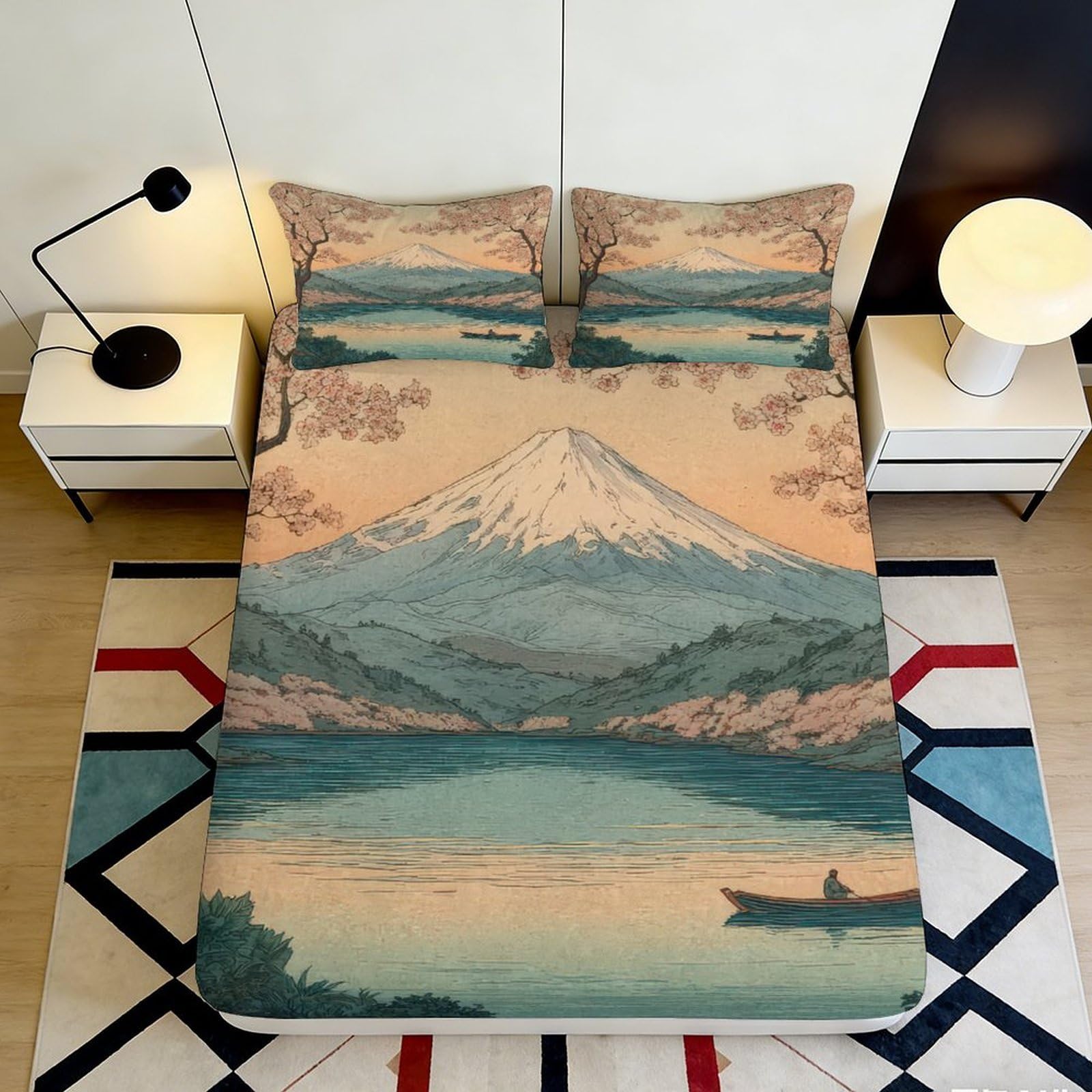 Pnayamiorkfel Style-9 3D Printed Mount Fuji Landscape Fitted Sheet Microfiber Soft Breathable Lake Sakura Mattress Cover Bedroom Decor 90X200x25cm