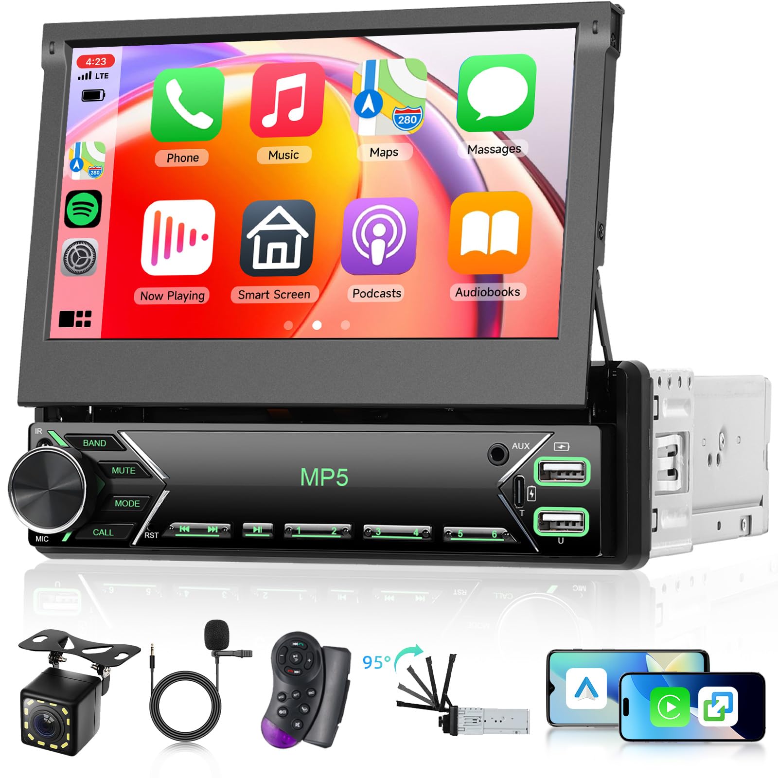 Single Din Flip Out Car Stereo Touch Screen Wireless Carplay Android Auto, 7 inch Car Radio 1 Din Bluetooth Support FM/EQ USB/Type-C SWC, Driauto Car Audio Receiver MP5 Player with Backup Camera
