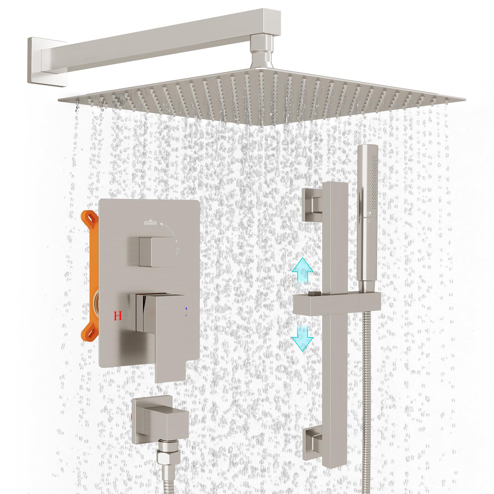 Hoimpro12 Inch Rain Shower System, High Pressure Shower Heads and Handheld 2-Spray Combo Set Slide Bar Shower Faucets Sets Complete Included Valve and Trim Kit for Bathroom, Brushed Nickel