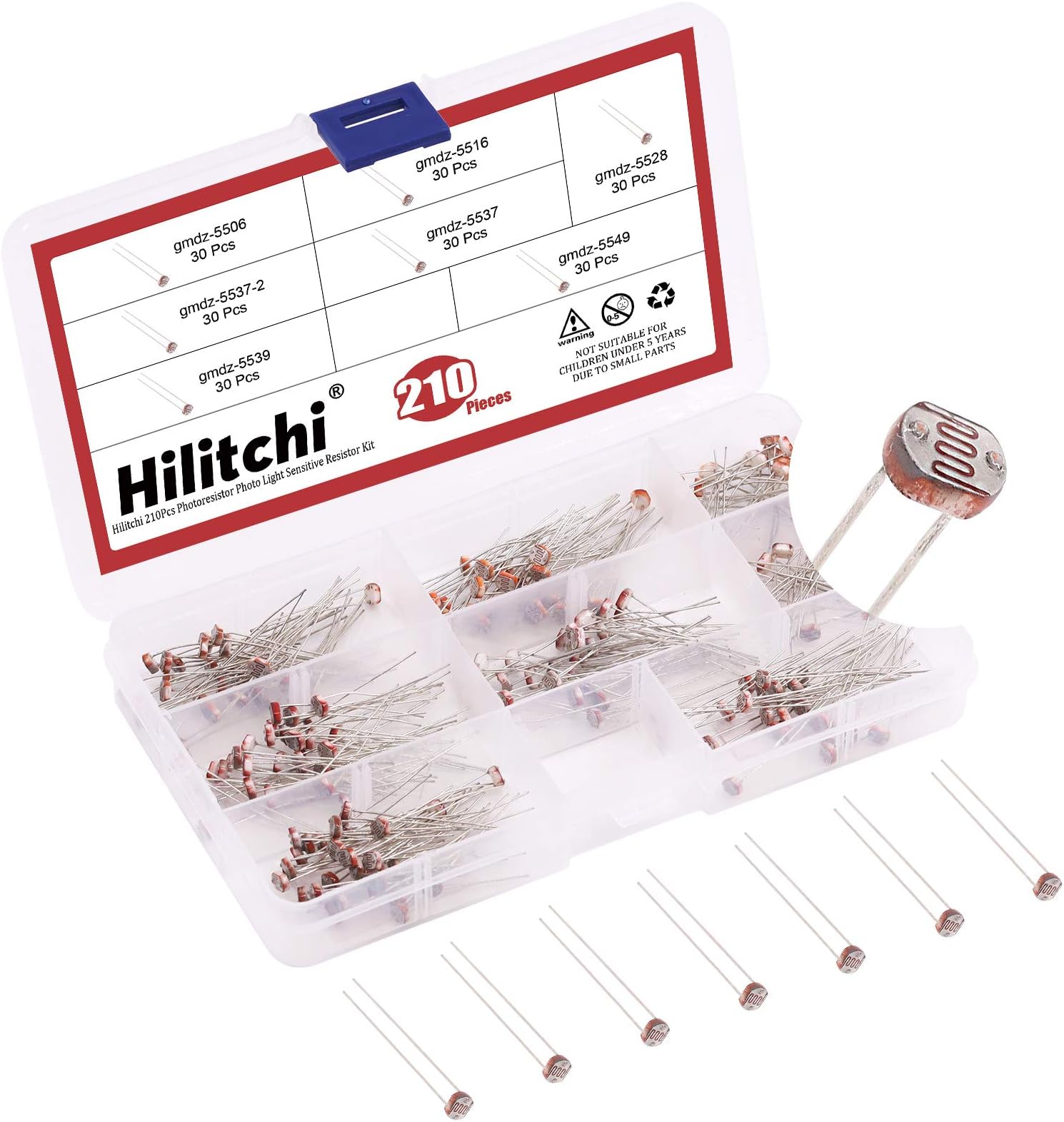 Hilitchi 210Pcs LDR 5mm Light Dependent Resistor LDR Sensor Photoresistor Photoconductive Resistance 5506, 5516, 5528, 5537, 5537-2, 5539, 5549