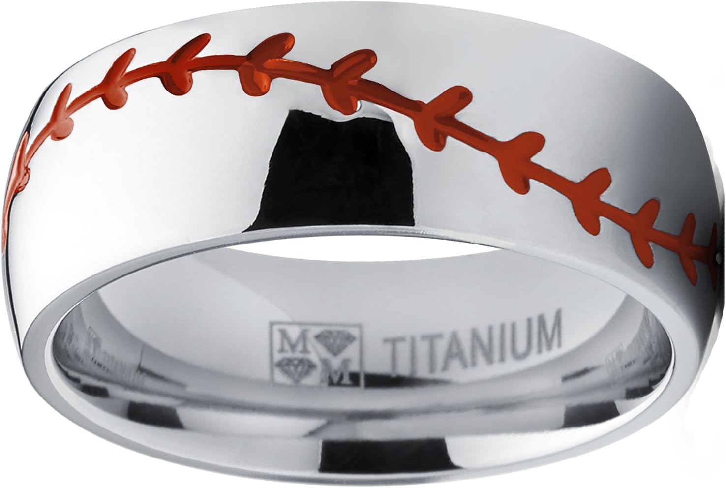 Metal Masters Men's Titanium Sports Baseball Ring Wedding Band with Red Stitching, Comfort Fit, Dome High Polish Finish 8mm Sizes 8 to 13