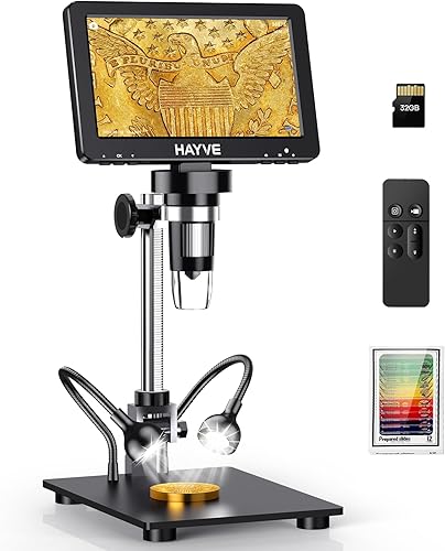 Hayve Microscopio digital HDMI de 7 pulgadas, microscopio de moneda 1200X con pantalla IPS, microscopios de soldadura de 16MP con luces, soporte