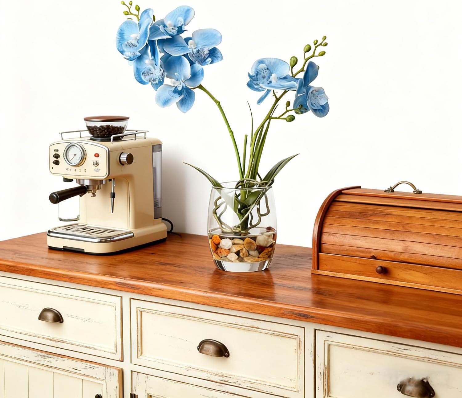 Jusdreen Artificial Blue Orchid in Glass Vase, Realistic Phalaenopsis Arrangement with Potting for Home Office Table Decor, 14.5 Inch Flower Centerpiece - Image 3