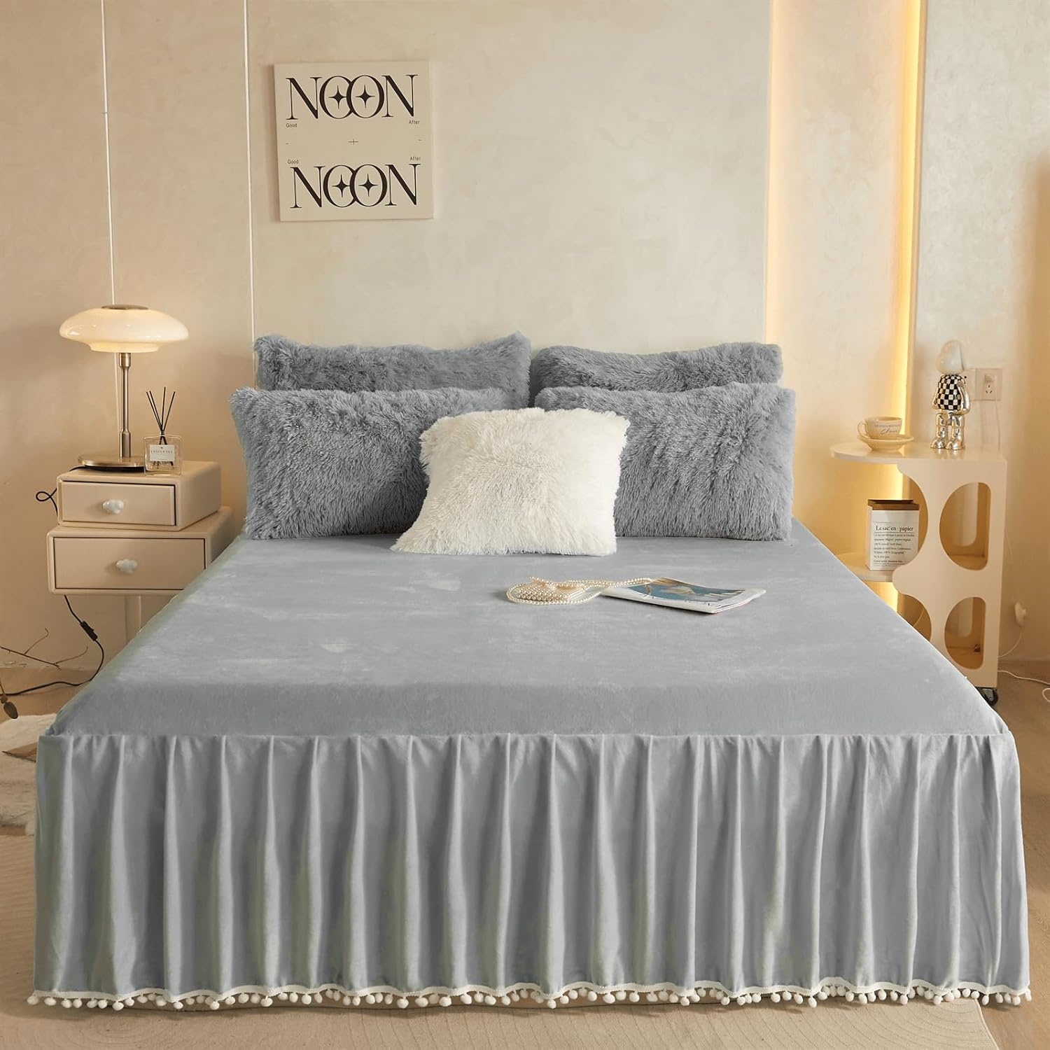 Pom Pom Velvet Bed Skirt, 22 Inch Drop Dust Ruffle Bed Skirt Soft Cozy Wrap Around Fitted Sheet, Fitted Bed Sheet with Skirt, Bedding Decor Fringe Bedspread (Gray, Queen)