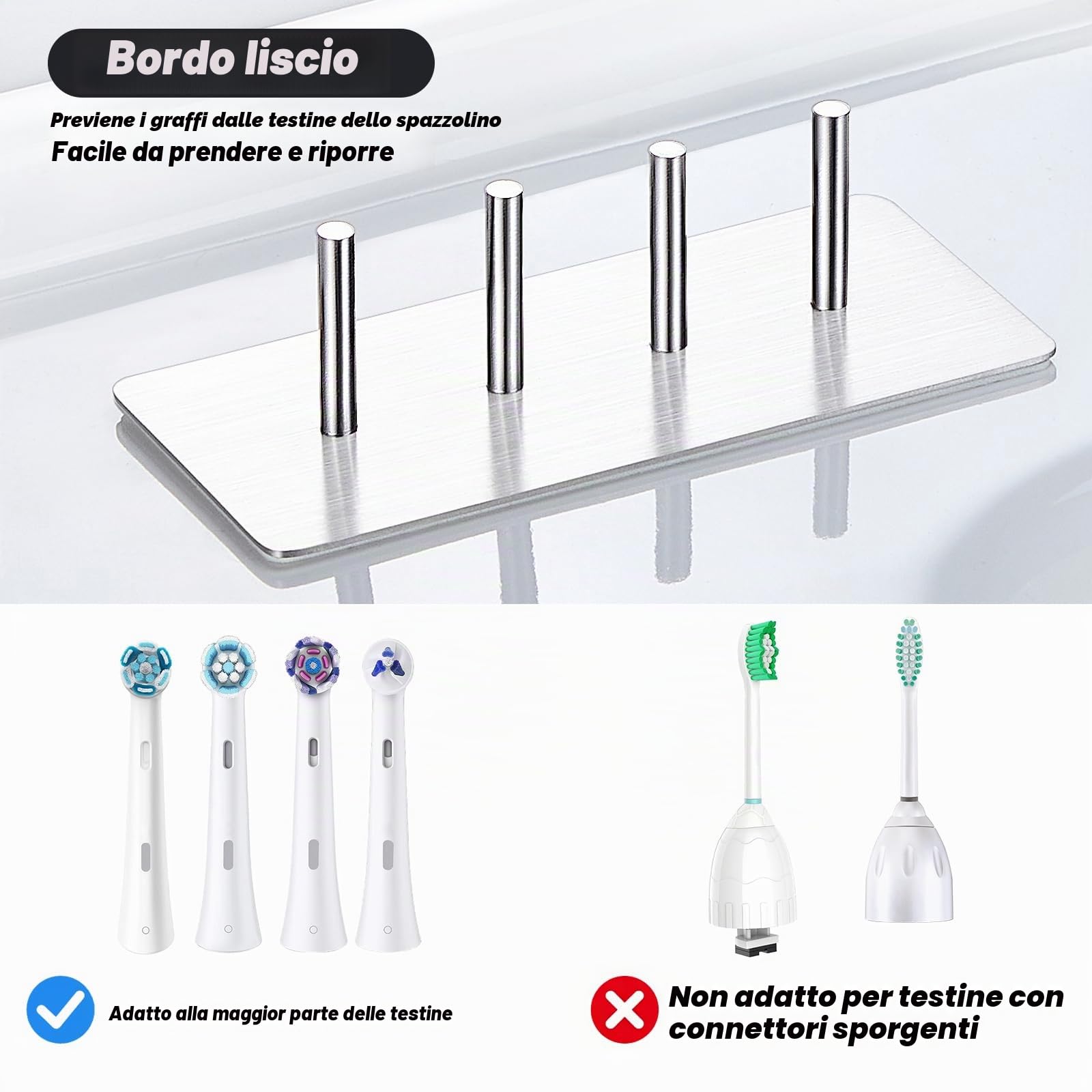 porta testine spazzolino elettrico 4 slot, organizer mini testine spazzolini, supporto testine in metallo, porta testine da banco e da appoggio, porta testine autoadesivo da bagno(argento)