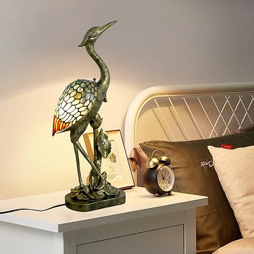 Miniatura 6 de Tiffany - Lámpara de mesa estilo pájaro con vitrales azules de 23.6 pulgadas de alto, lámpara de mesa Tiffany vintage para dormitorio, sala de