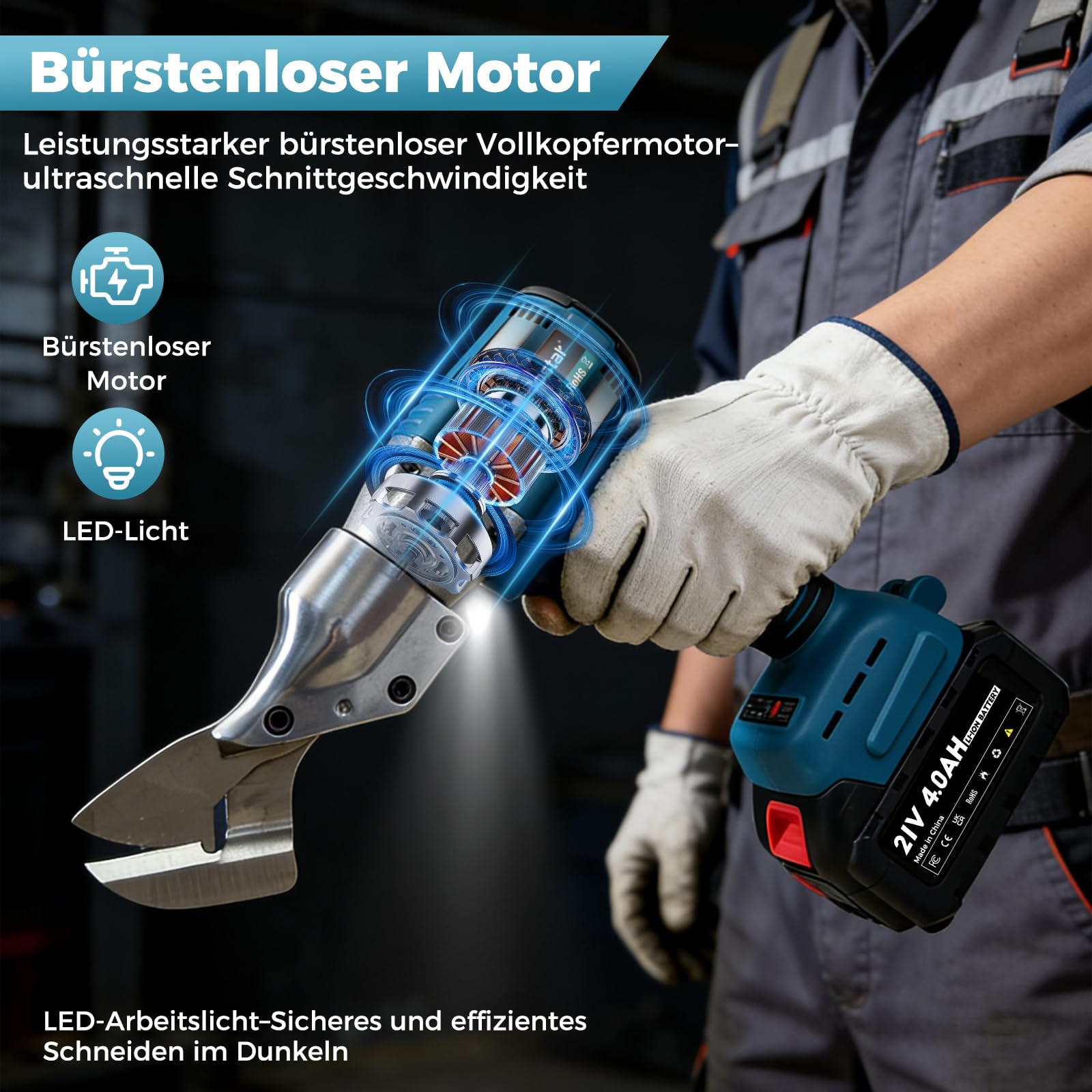 Bostar Akku Blechschere, Bürstenloser Motor mit 2x 4.0Ah Akku, Elektrischer Blechschneider für 1,5mm Metall & 2,0mm Alu, 360° Drehbarer Kopf, 2-Gang & Auto-Stopp, Kompatibel mit Makita 18V Akku