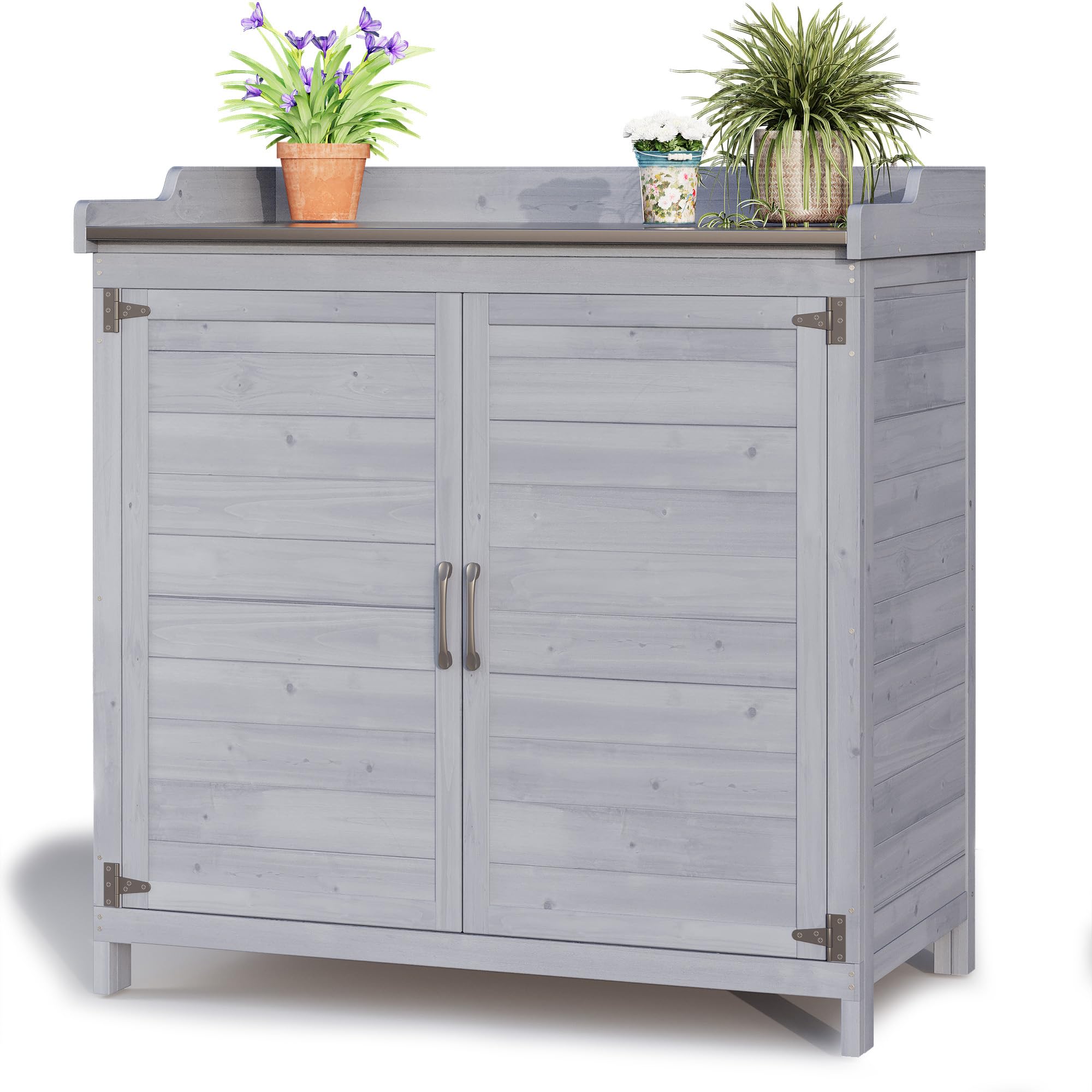 Pflanztisch mit Unterschrank, Gartenschrank mit verzinkter Arbeitsplatte & 2 höhenverstellbaren Einlegeböden, Balkonschrank für Garten, Balkon, Terrasse, 98x48x95cm (Grau)