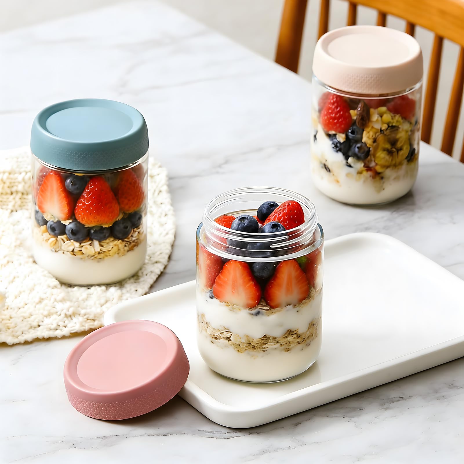 Set di 6 barattoli per overnight oats (300ml+500ml), Barattoli Vetro Ermetici con Coperchio, Vasetti Yogurt per Conservare l'avena, Yogurt, Cereali, Marmellate, Budino, Alimenti Bambini