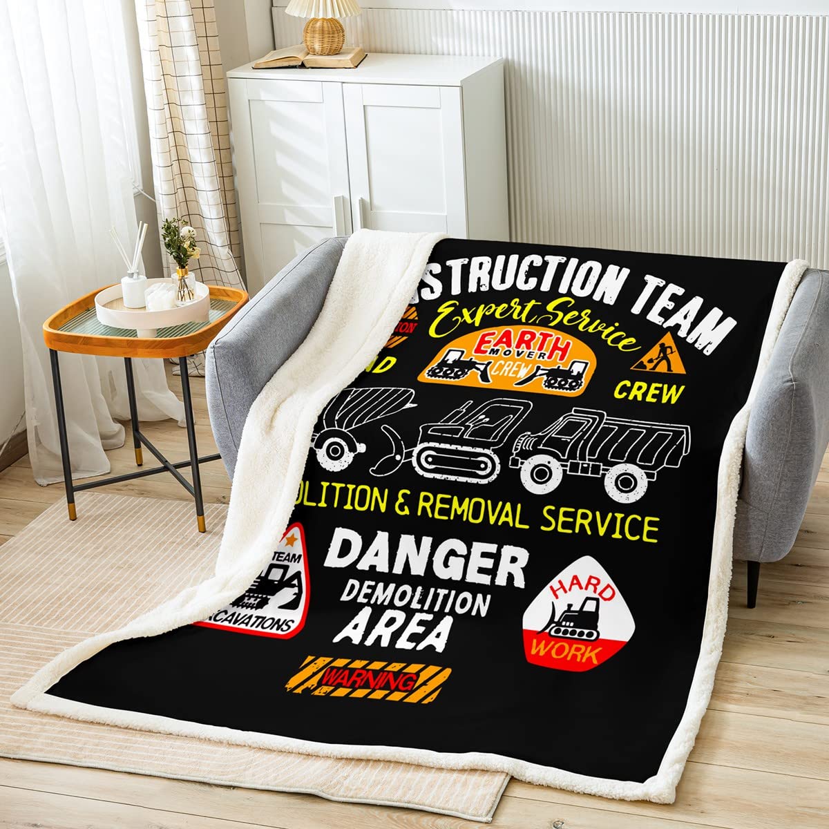 Loussiesd Machinery Truck Toddler Fleece Throw Blanket Kids Boys Cartoon Excavator Hand Drawn Sherpa Blanket Construction Site Fuzzy Blanket for Sofa Bed Cute Vehicle Cars,Single 50x60 Inch