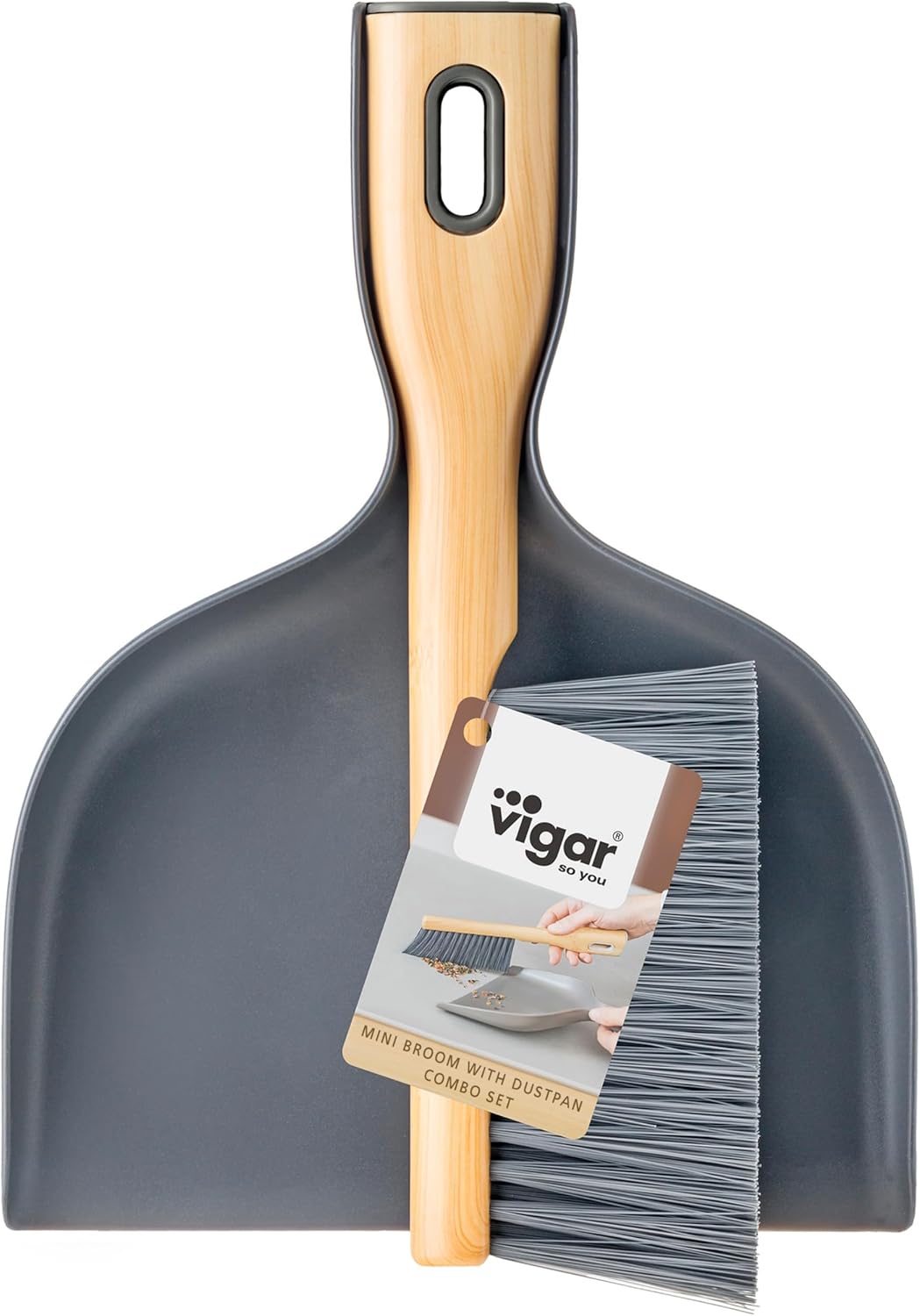 Vigar Bamboo Print Handy Set, Compact Dust Pan and Brush, Ergonomic Handles, Stores Easily