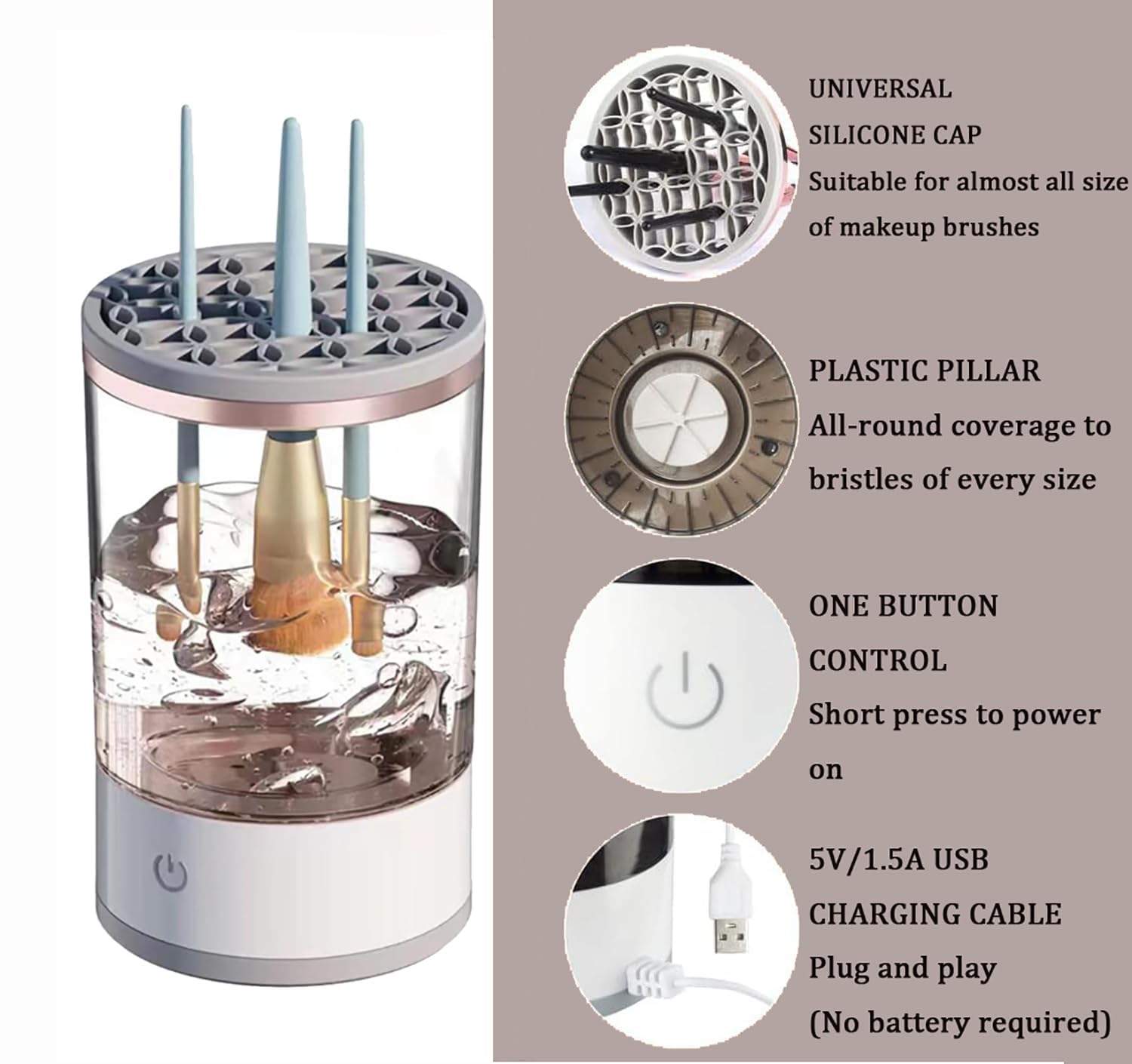 Electric Makeup Brush Cleaner Machine, Automatic Cosmetic Brush Cleaner for All Size Beauty Makeup Brushes - Image 3