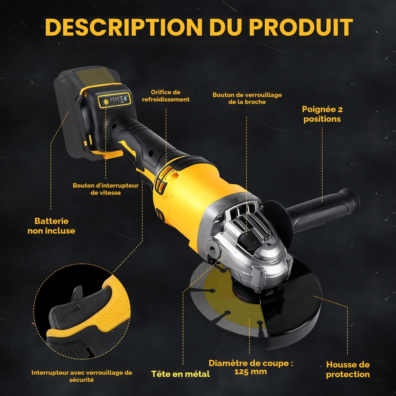 Meuleuse d'angle sans fil DW 18 V/20 V (sans batterie), outil de meulage 10 000 tr/min, lames de meulage 125 mm, 3 accessoires