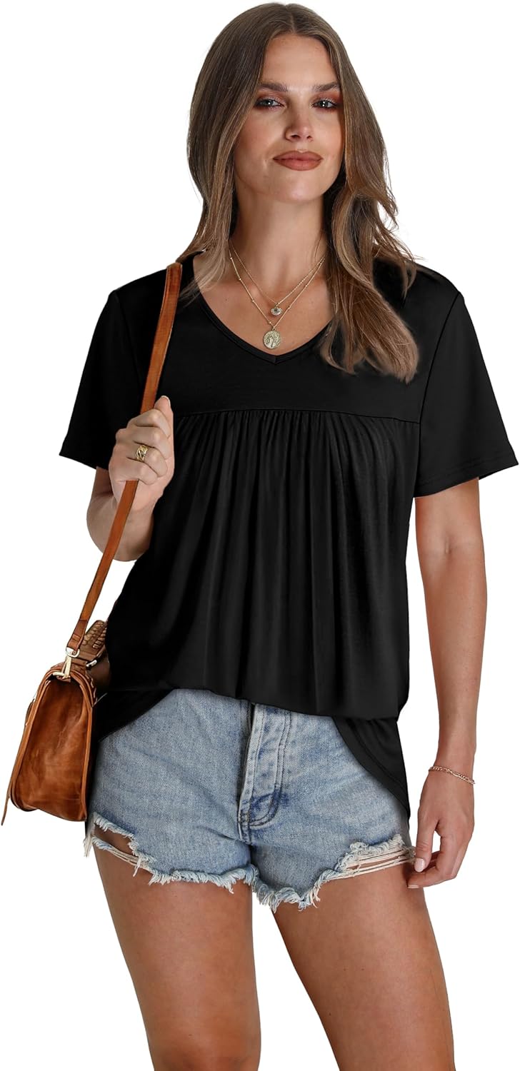 WEESO Womens T Shirts Short Sleeve Pleated Dressy Casual V Neck Summer Tops Blouses - Image 2
