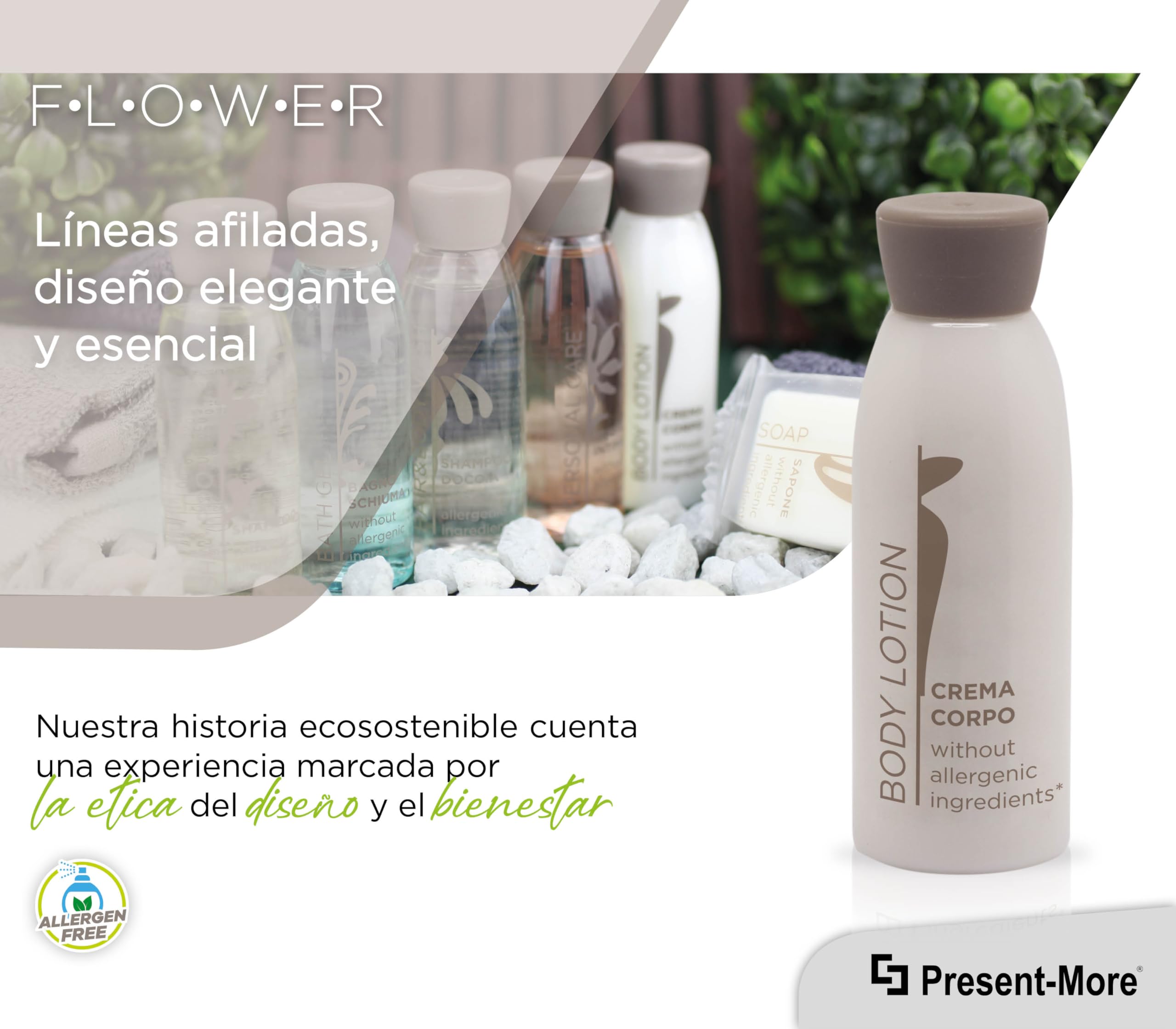 Present-More Crema corporal 30ml Flower - Crema cuerpo 250 unidades para Hoteles y B&B | Crema cuerpo sin alérgenos con aroma a Tè