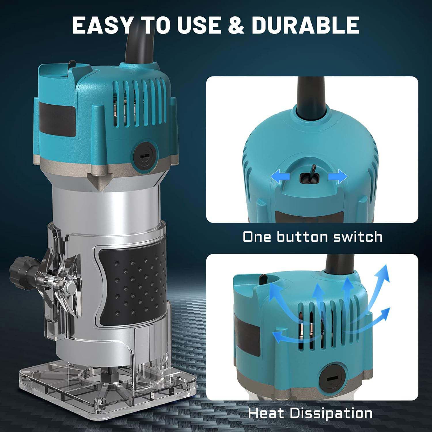 Affleureuse Défonceuse Trimmer Router Fraiseuse Électrique Outil à Bois 800W 30000 Tr/Min,Pince 6.35mm + Coffret De 15 Fraises à Défoncer Queue De 1/4" Pour Travail Du Bois