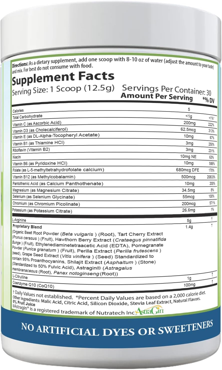 PURE® Cardio+ Nitric Oxide Heart & Circulation Support - 5000mg L-Arginine & 1000mg L-Citrulline - Cherry, 30 Servings Powder, 375 Grams - CoQ10 Beet Root - High Potency Cardiovascular Formula