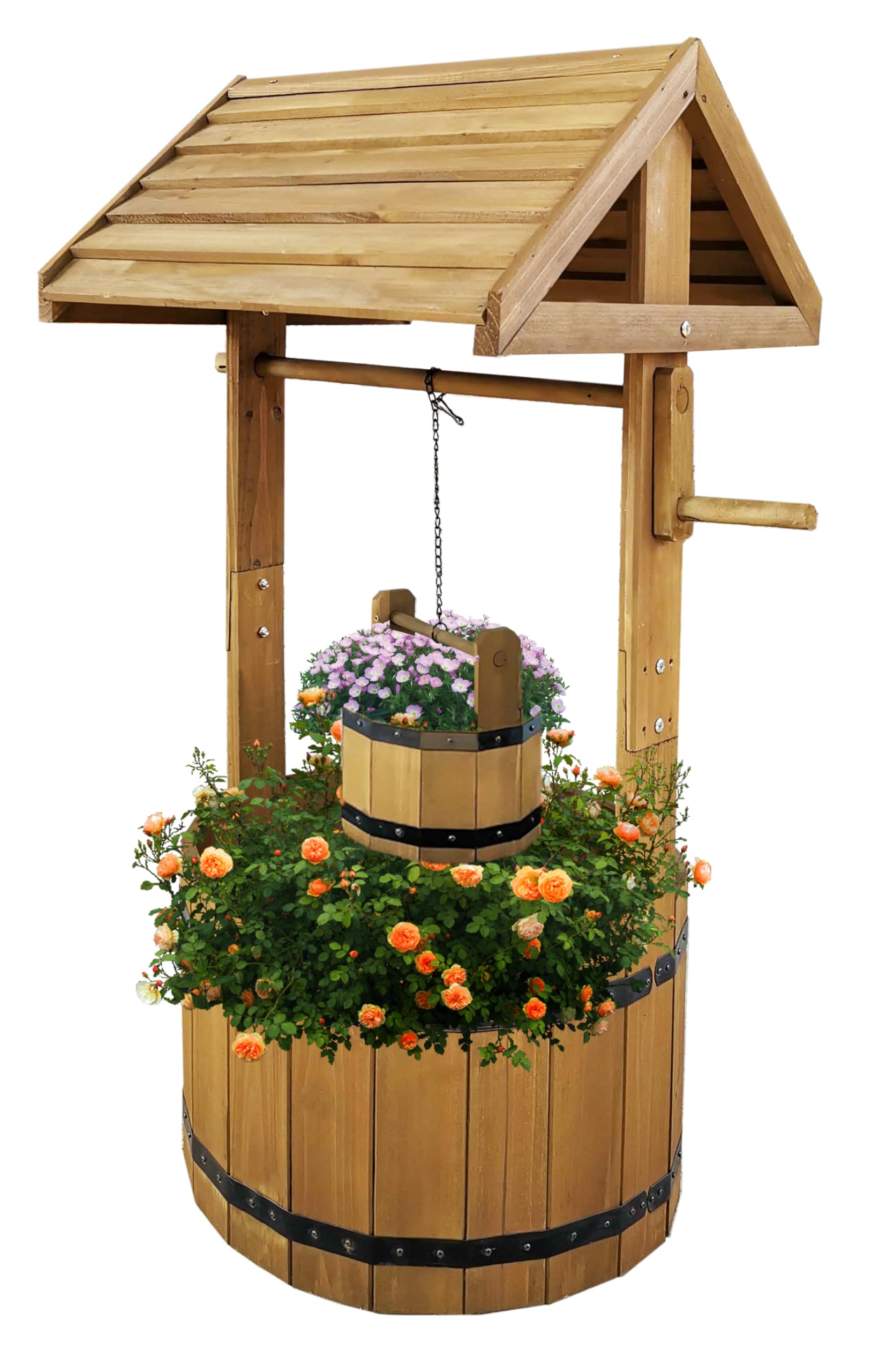 Vivo Technologies Large Wooden Wishing Well Planter Large Solid Pine Ornamental Outdoor Garden Plant Flower Pot Outdoor Ornament Decoration