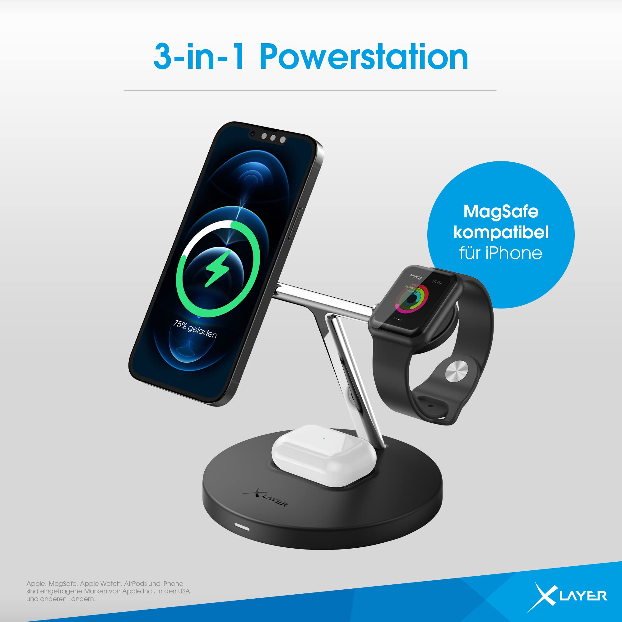 XLayer Stacja zasilania 3 w 1, bezprzewodowe ładowanie, iPhone/AirPods/Apple Watch, czarny