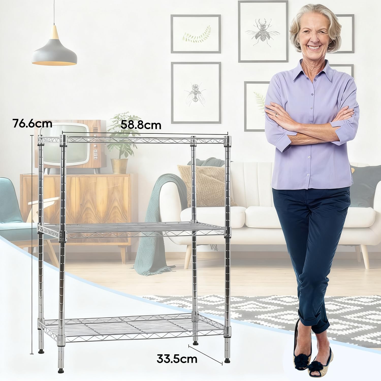 BestOffice Scaffali regolabili in metallo, 58 x 33,5 x 76,7 cm (lunghezza x larghezza x altezza), a 3 livelli, scaffale in filo metallico, capacità di 204 kg, per cucina, garage