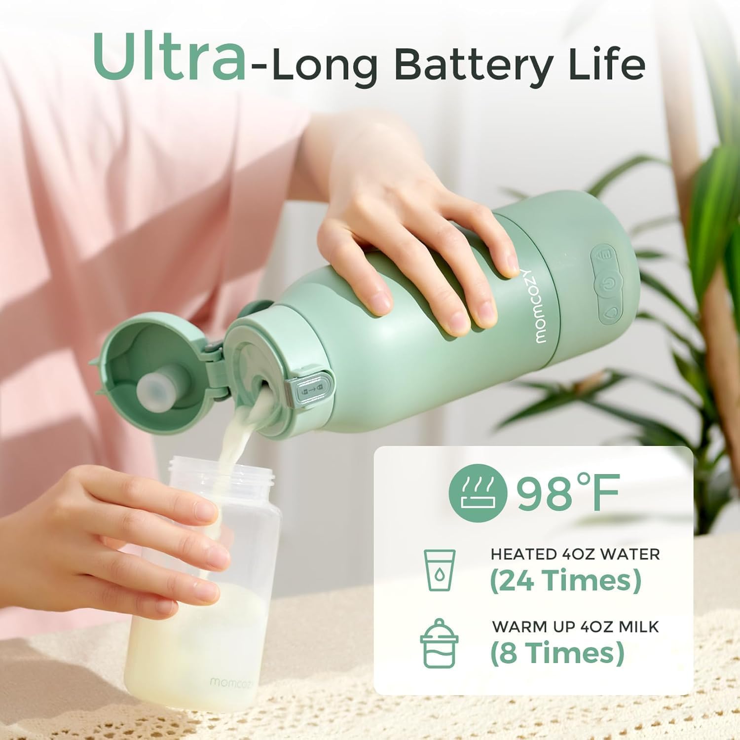 Momcozy MW05 przenośny podgrzewacz do butelek dla niemowląt, pojemność 500 ml + 24 x użycie/akumulator, z certyfikatem TÜV-CE, szybkie nagrzewanie w 3 minuty, zielony