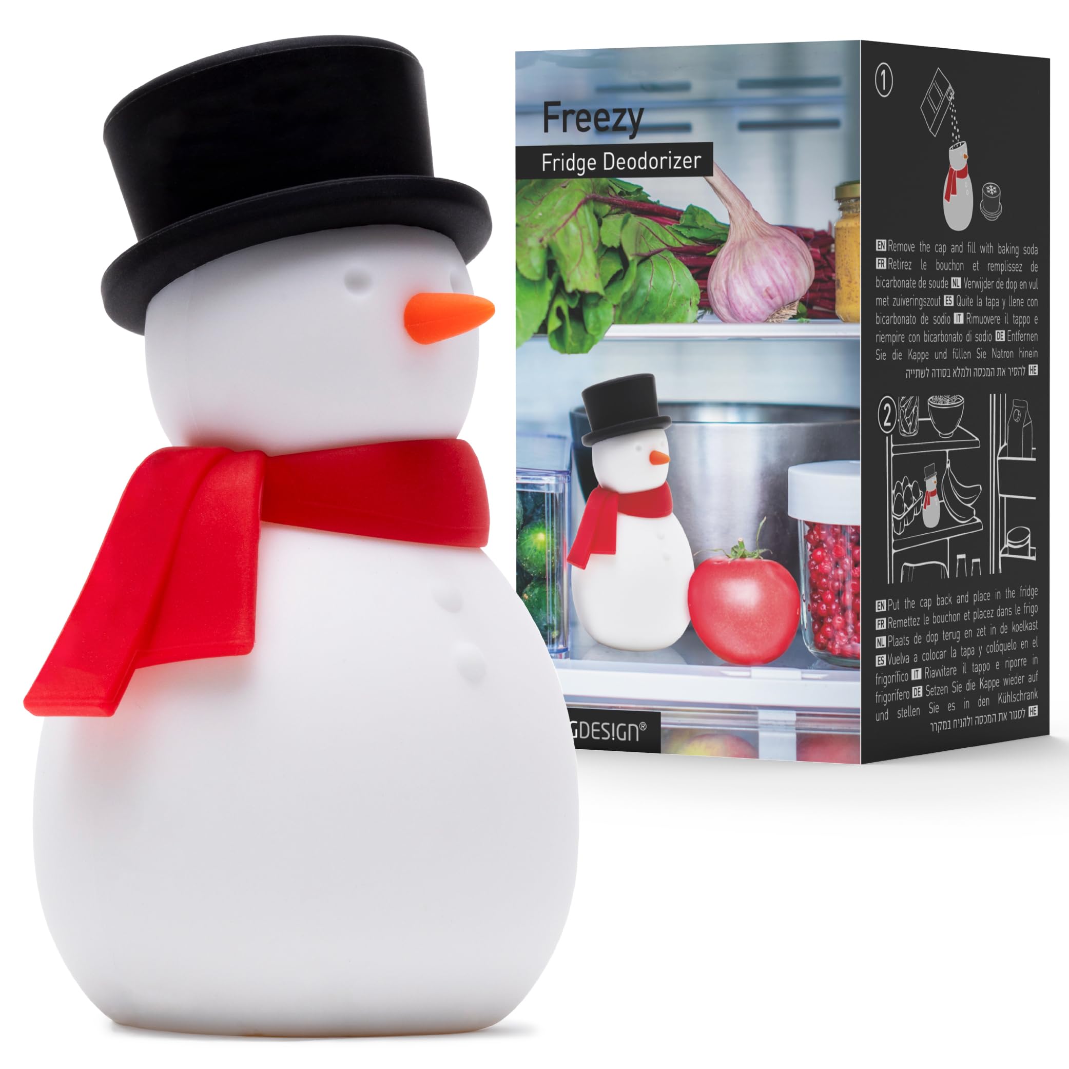 PELEG DESIGN Freezy Kühlschrank-Geruchsentferner – Lustiger Schneemann-Behälter für Natron, Wiederverwendbarer Lufterfrischer aus Silikon, Originelles Küchen-Gadget & Geschenk, Weiß