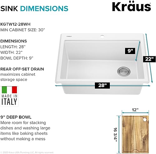 Miniatura 3 de KRAUS Bellucci KGTW12-28WH - Fregadero de cocina con estación de trabajo compuesto de granito de 28 pulgadas, montaje superior, color blanco