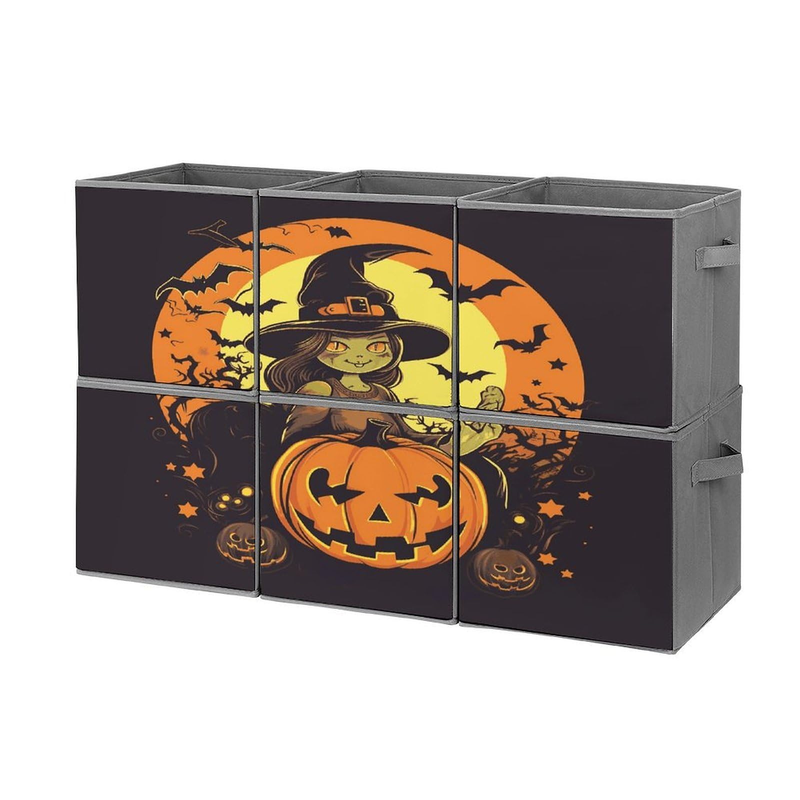 Btcowzrv Style Halloween Pumpkin Witch Storage Cubes, 6 Pack Oxford Fabric Foldable Collapsible Bins With Handles, Cubby Storage Baskets Boxes For Closet Shelves Office Organization