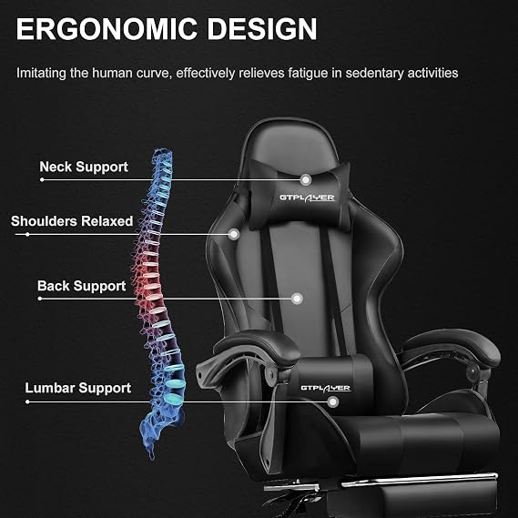 GTPLAYER Gaming Chair, Massage Computer Chairs with Footrest, Headrest and Lumbar Support Height Adjustable Ergonomic 360°-Swivel PC Chair Black