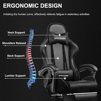 GTPLAYER Gaming Chair, Massage Computer Chairs with Footrest, Headrest and Lumbar Support Height Adjustable Ergonomic 360°-Swivel PC Chair Black