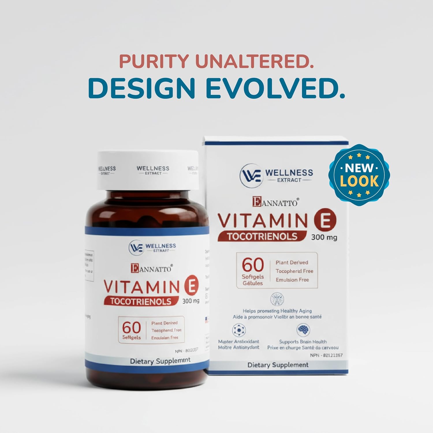 Wellness Extract Eannatto Tocotrienols Vitamin E Supplements Tocopherol Free, Supports Immune Health, Non-GMO, Gluten Free & Antioxidant (300MG 60 Softgels)