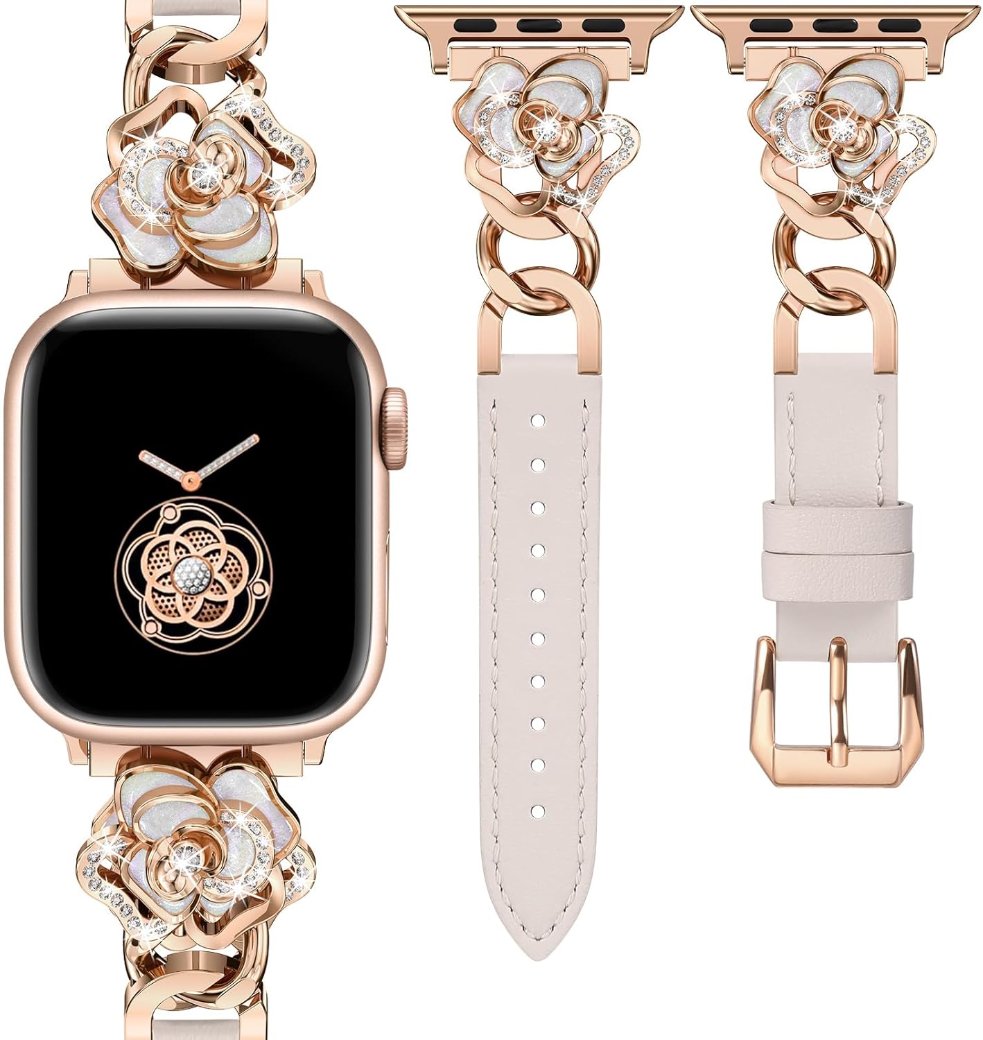 Minyee Compatible with Apple Watch Band 42/41/40/38/44/45/46/49mm Women, Dressy Slim Elegant Leather Metal Chain Strap with Bling Camellia Charms for iWatch Series 11 10 9 8 7 6 5 4 SE/Ultra 3 2 1 Starlight/Rose Gold 38/40/41/42mm(Series 11/10)