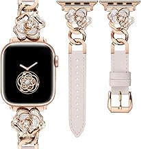 Minyee Compatible with Apple Watch Band 41/40/38/44/45/46/49/42mm Women, Dressy Slim Elegant Leather Metal Link Chain Strap with Bling Camellia Charms for iWatch Ultra 2 Series 10/9/8/7/6/5/4/3/2/1/SE