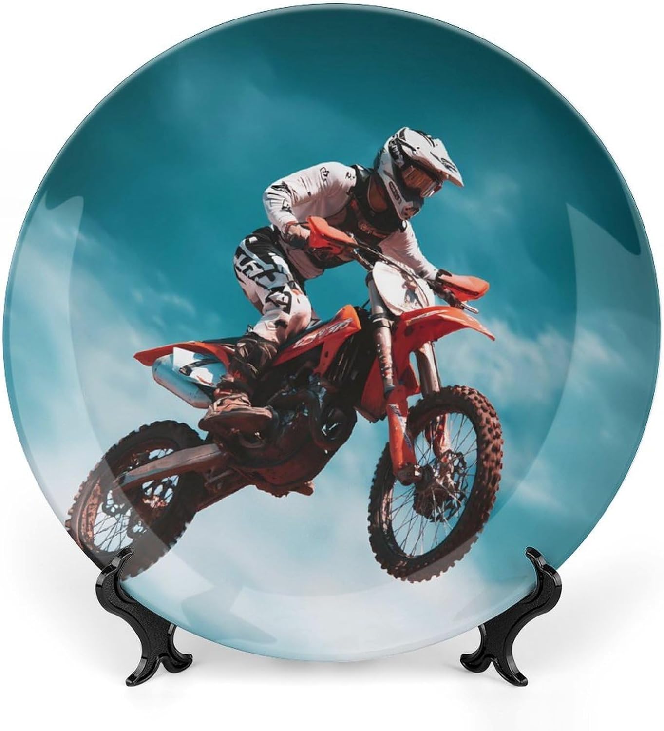 Motocross Dirt Bike Printed Decorative Plate with Display Stand Handmade Ceramic Ornament Hanging Wall Decor for Foyer Home Office