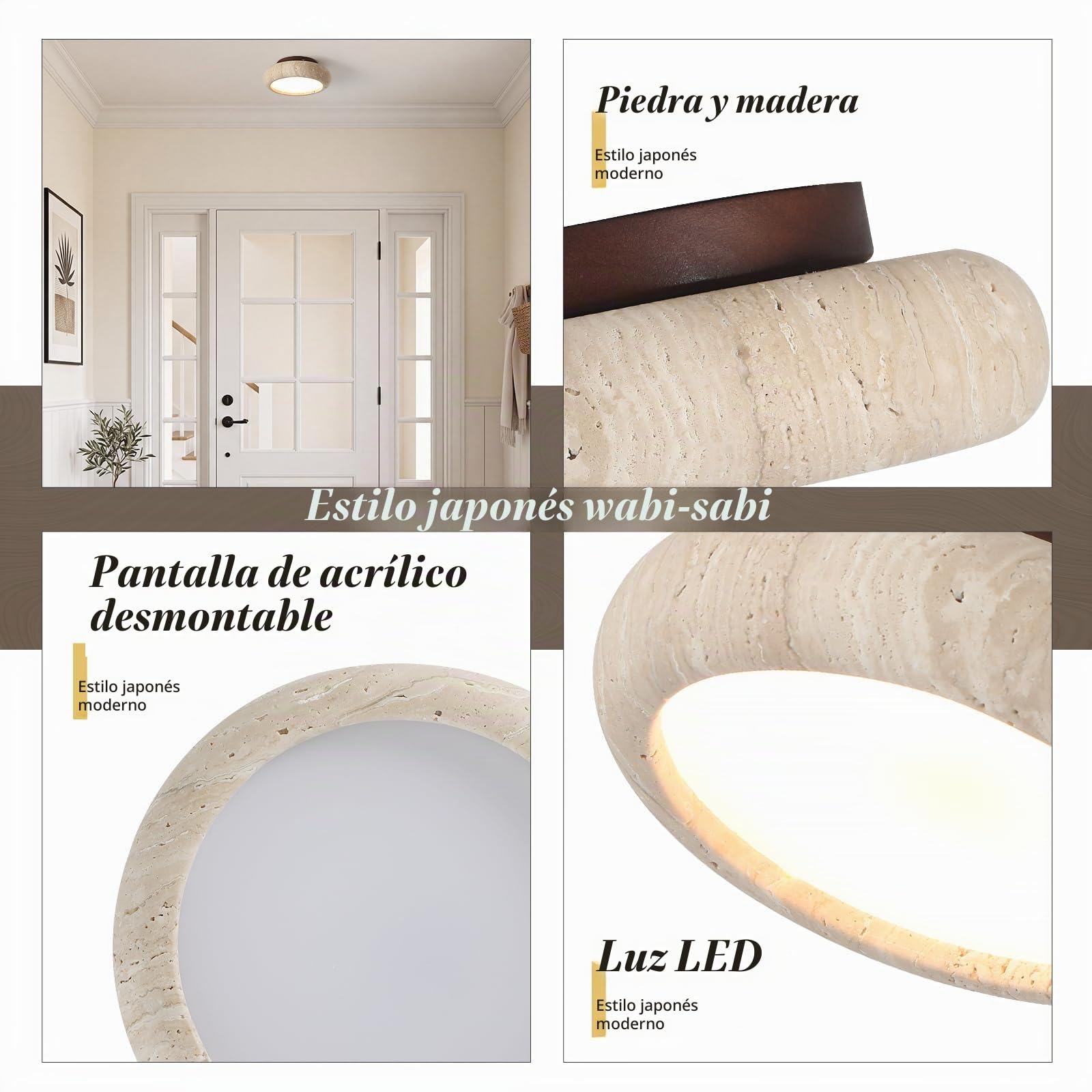 20cm 700lm 7W Lámpara de techo LED Japonesa Wabi-Sabi Lampara de Travertino Amarillo Lamparas Redonda Plafon Luz Cálida ideal para Salon Dormitorio Comedor Cocina Pasillos y Recibidores