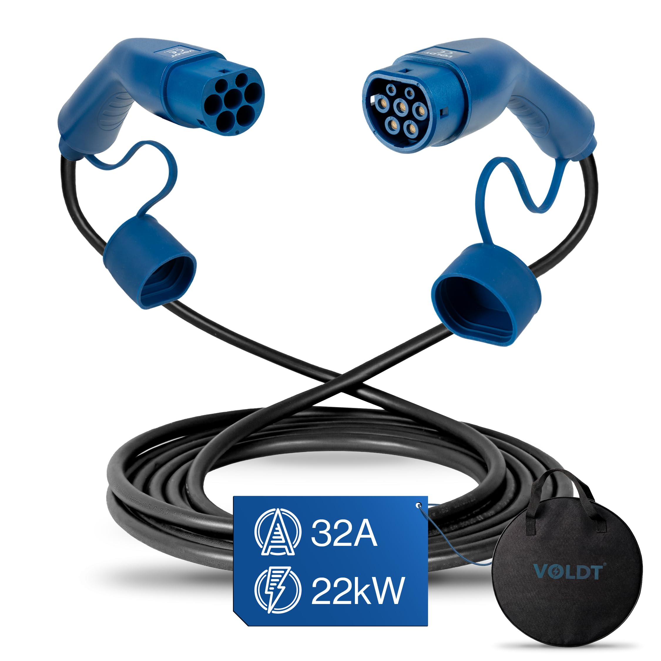 Voldt Cavo di Ricarica Tipo 2 22 kW 32 A, 3-fase per Auto Elettriche EV PHEV, Cavo di Ricarica Tipo 2 a Tipo 2 Modalità 3, Adatto per Modello S/X/Y/3, ID.4, E-Tron, e-208, I4, IX1, Zoe, Protezione