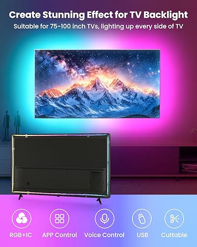 Miniatura 2 de Luces LED RGB+IC de 16.4 pies para TV de 50 a 75 pulgadas, tira de retroiluminación detrás de la TV con sincronización de música, aplicación