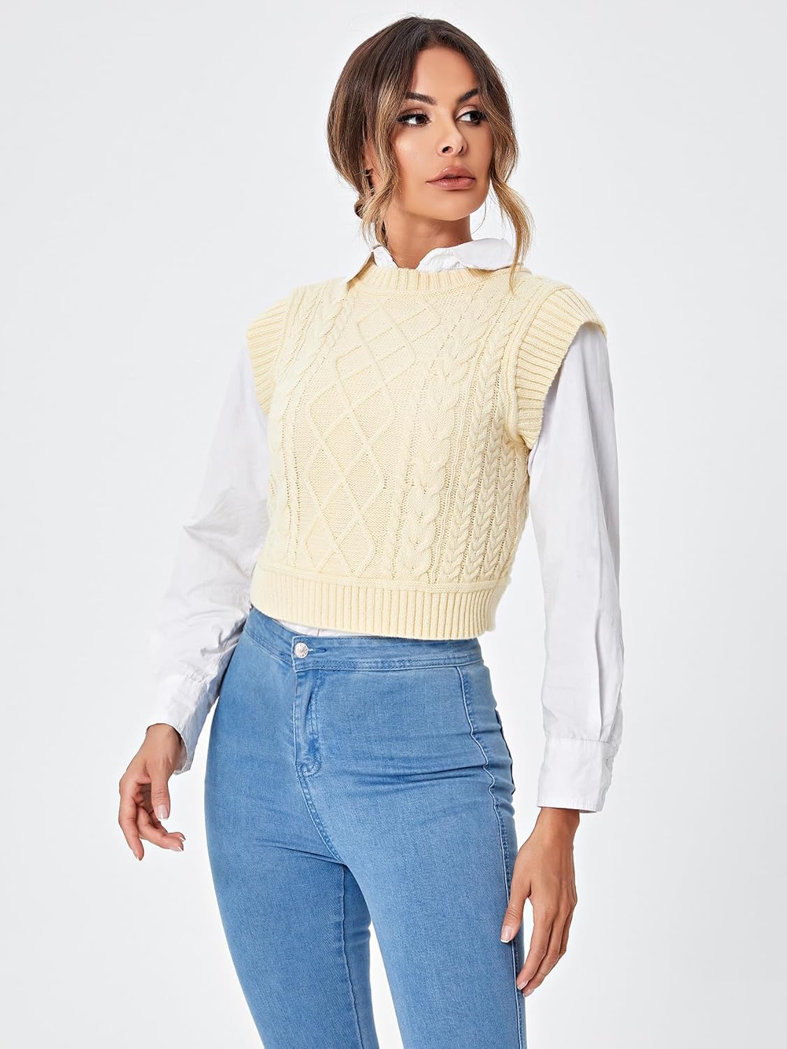 Milumia Women's Cable Knit Cropped Sweater Vest Cap Sleeve Crewneck Casual Knitwear Tops - Image 4