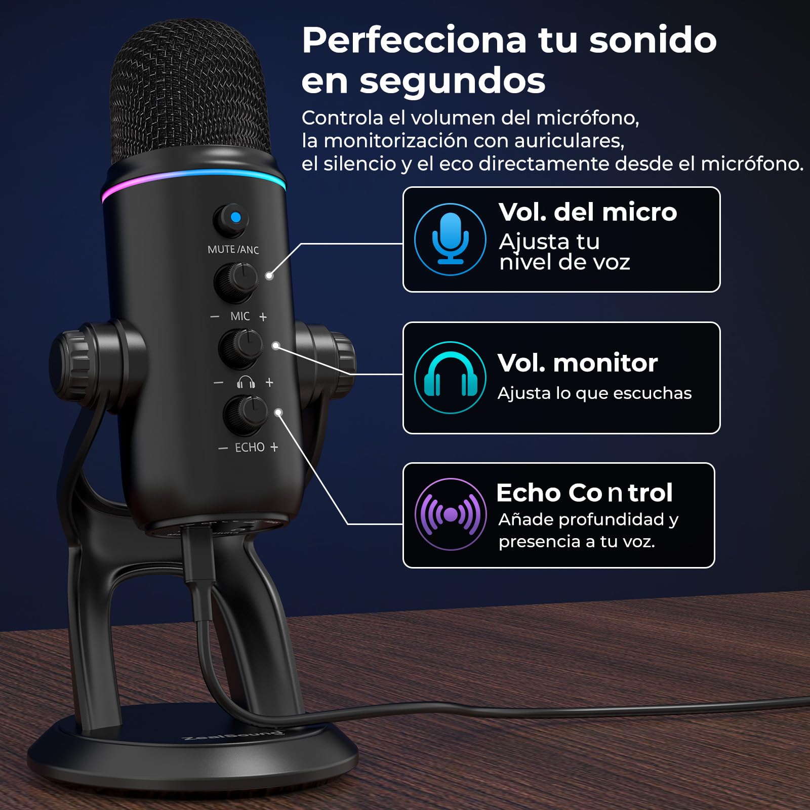 zealsound Micrófono USB, Plug & Play, para podcasts, PC y teléfono, Z5 | con cancelación de Ruido, Silencio de Ganancia, Condensador de Escritorio para grabación, Streaming, Juegos, ASMR, Creadores