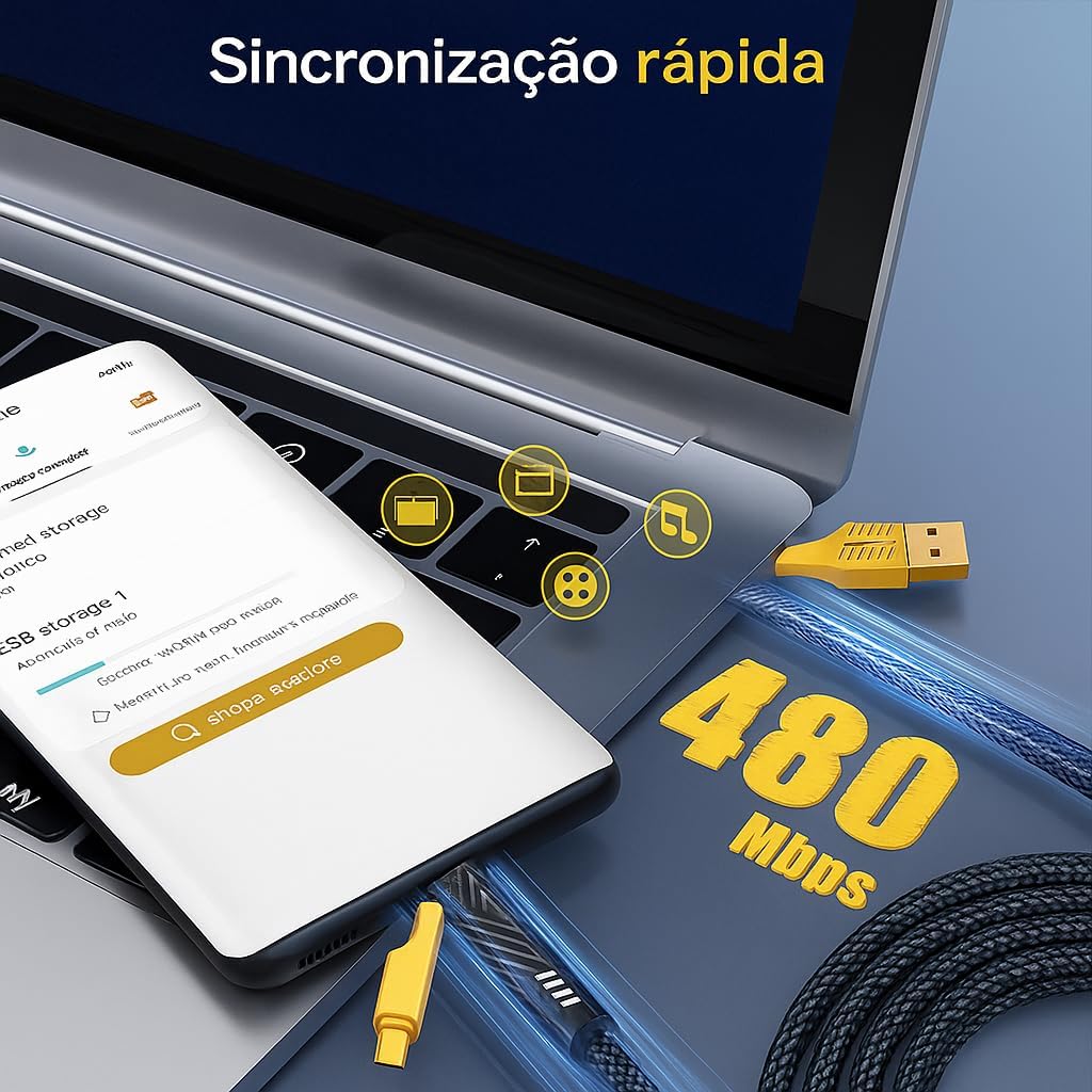 Cabo 4 em 1 Reforçado 65W Turbo com Conectores Lightning, Tipo-C e USB-A | Carregamento Rápido | Compatível com iPhone, Android, iPad, MacBook, Tablet e Notebook | 1 Metro | Nylon Trançado