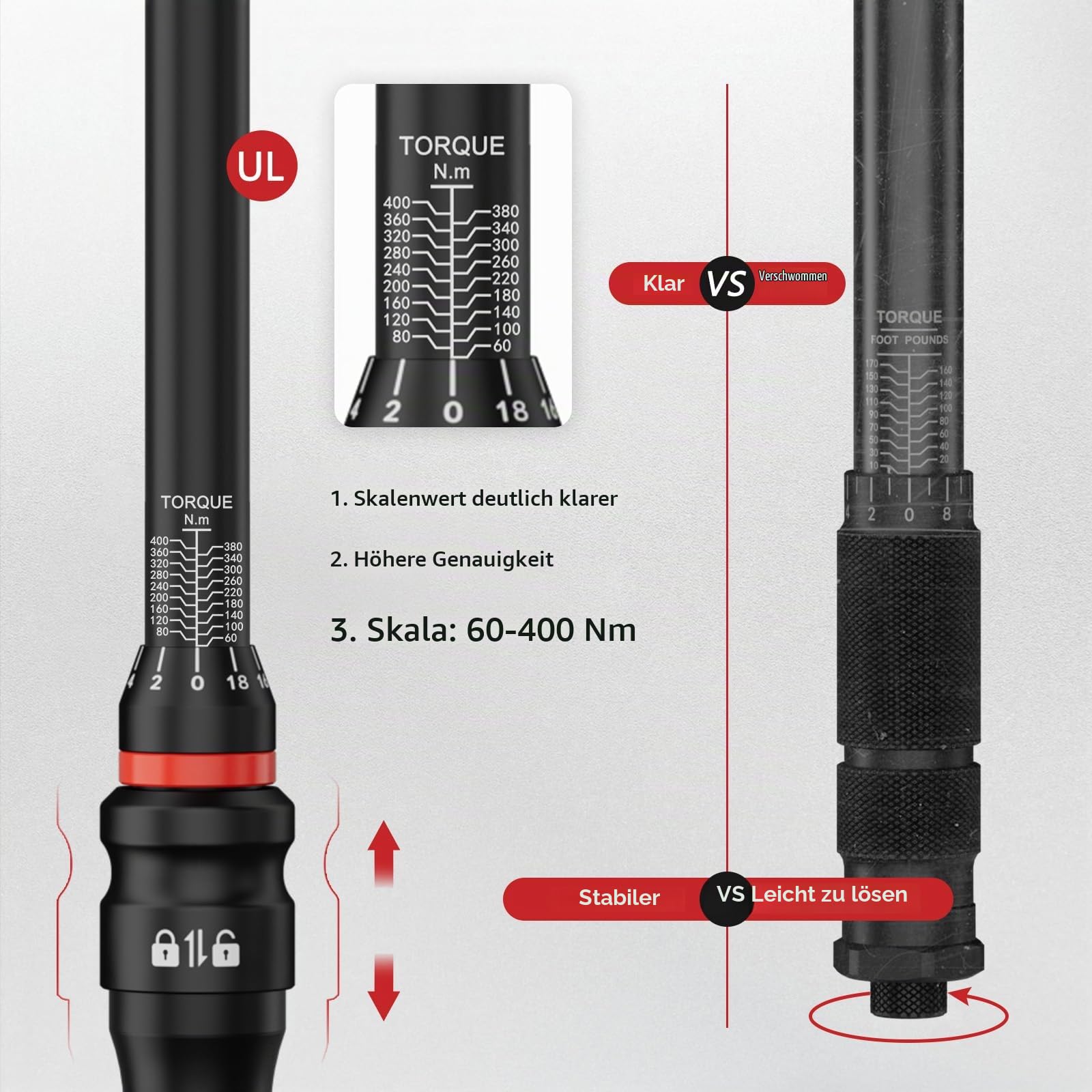 VANPO Drehmomentschlüssel 1/2 Zoll, 60–400 Nm für LKW, SUV, Auto, 72 Zähnen | ±3% Genauigkeit, 55.6cm Hebelarm, Ergonomischer Griff,Präziser Klick, inkl.1/2" auf 3/8" Adapter, 125 mm Verlängerungsstange