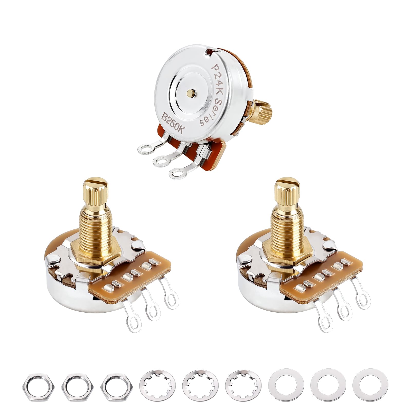 Banworks Brass A250K+B250K M8 Thread Full Sized Pots Metric 2A1B 18-Spline Split Long Shaft (18mm Length) Audio &amp; Linear Taper Potentiometers for Epiphone Les Paul LP/SG Squier Strat/Tele JT/XNQ-16