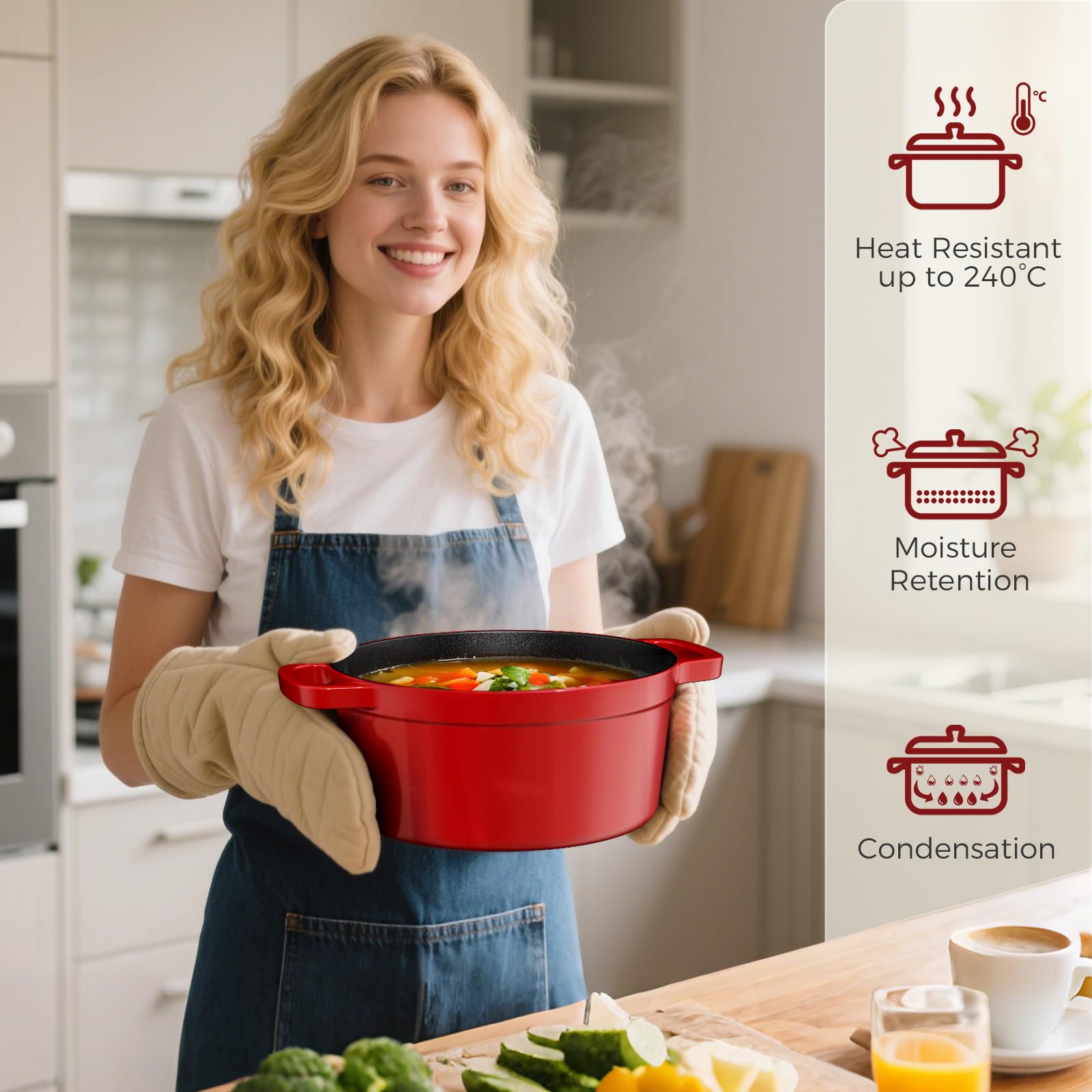YASHE Pentola in Ghisa con Coperchio, 5L Casseruola Antiaderente, Forno Olandese Smaltato Rotondo per Zuppe, Stufati e Cottura al Forno, Rossa