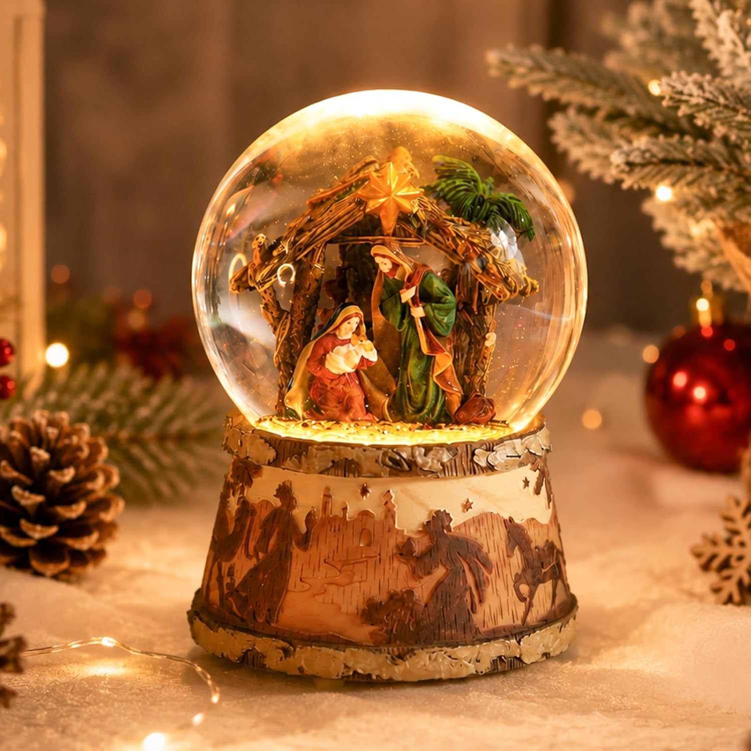 MUMTOP Nativity Snow Globe, Holy Family Christmas Music Box with Wood Base