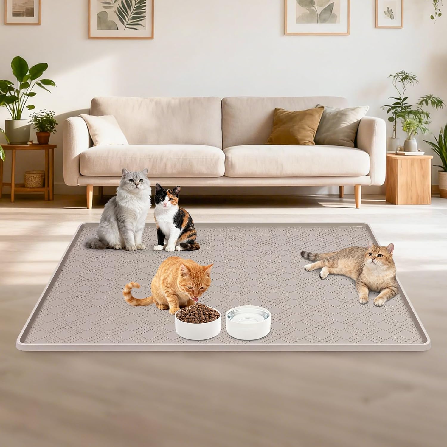 Lanstics Cat Food Mat, 42" x 29" Large Silicone Mat Cat Feeding Mat with Raised Edge Non-Slip Pet Feeding Mat for Food and Water Bowl, Easy to Clean, Floor Protection (Beige)