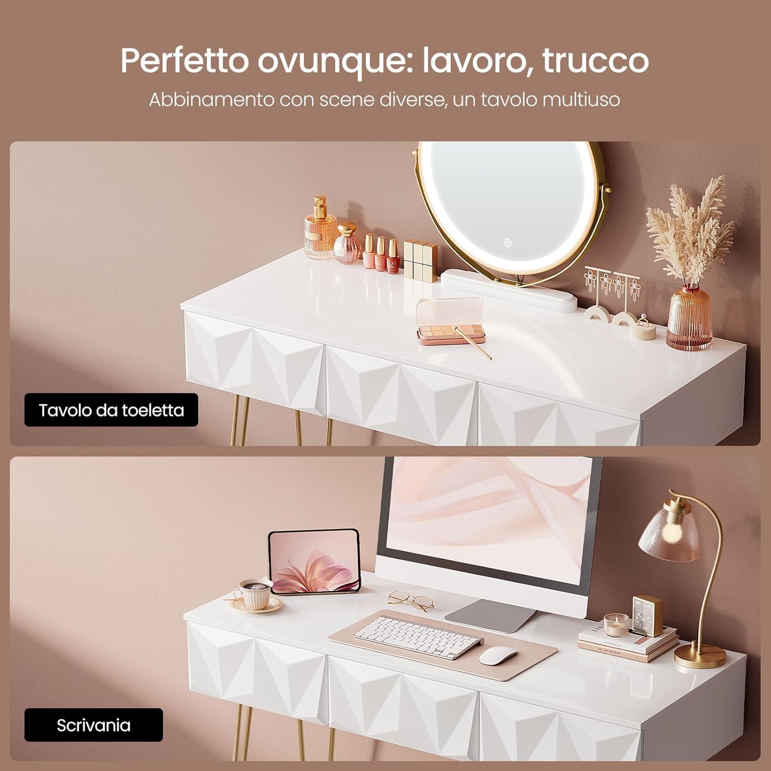 EUGAD Toeletta da Trucco con Luci LED, Luminosità Regolabile, Postazione da Trucco con Sedia in Velluto, con 3 Cassetti, Assemblaggio facile, Bianco e Dorato