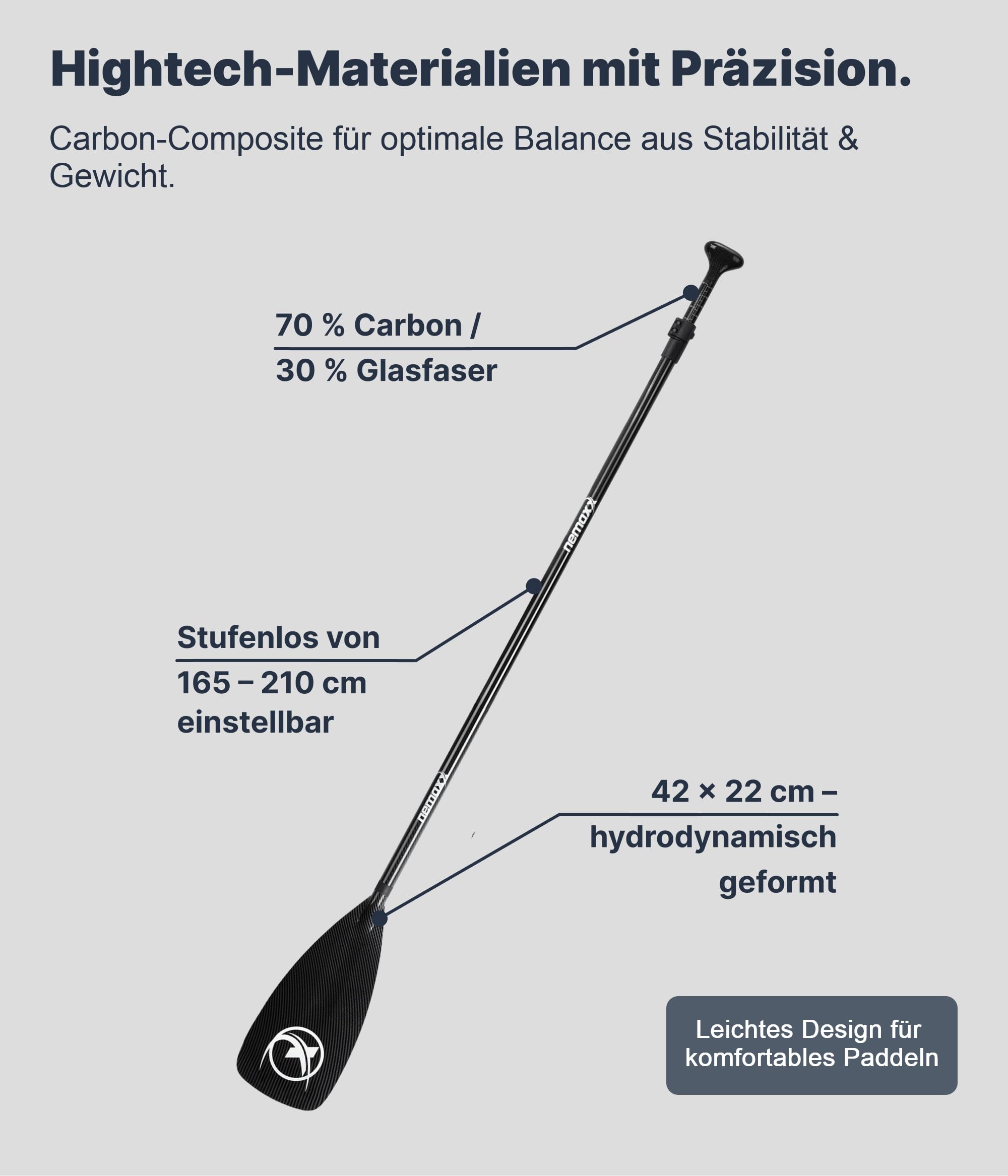 NEMAXX® pagaia SUP – 3 pezzi, telescopica regolabile, alluminio/carbonio, ultraleggera, sistema anti-twist/impugnatura ergonomica – per SUP, kayak, canoa e gommone (diversi modelli e lunghezze)