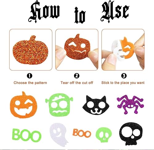 Miniatura 6 de Calcomanías de espuma de Halloween con purpurina, calcomanías de Halloween, calcomanías autoadhesivas brillantes con forma de fantasma de calabaza