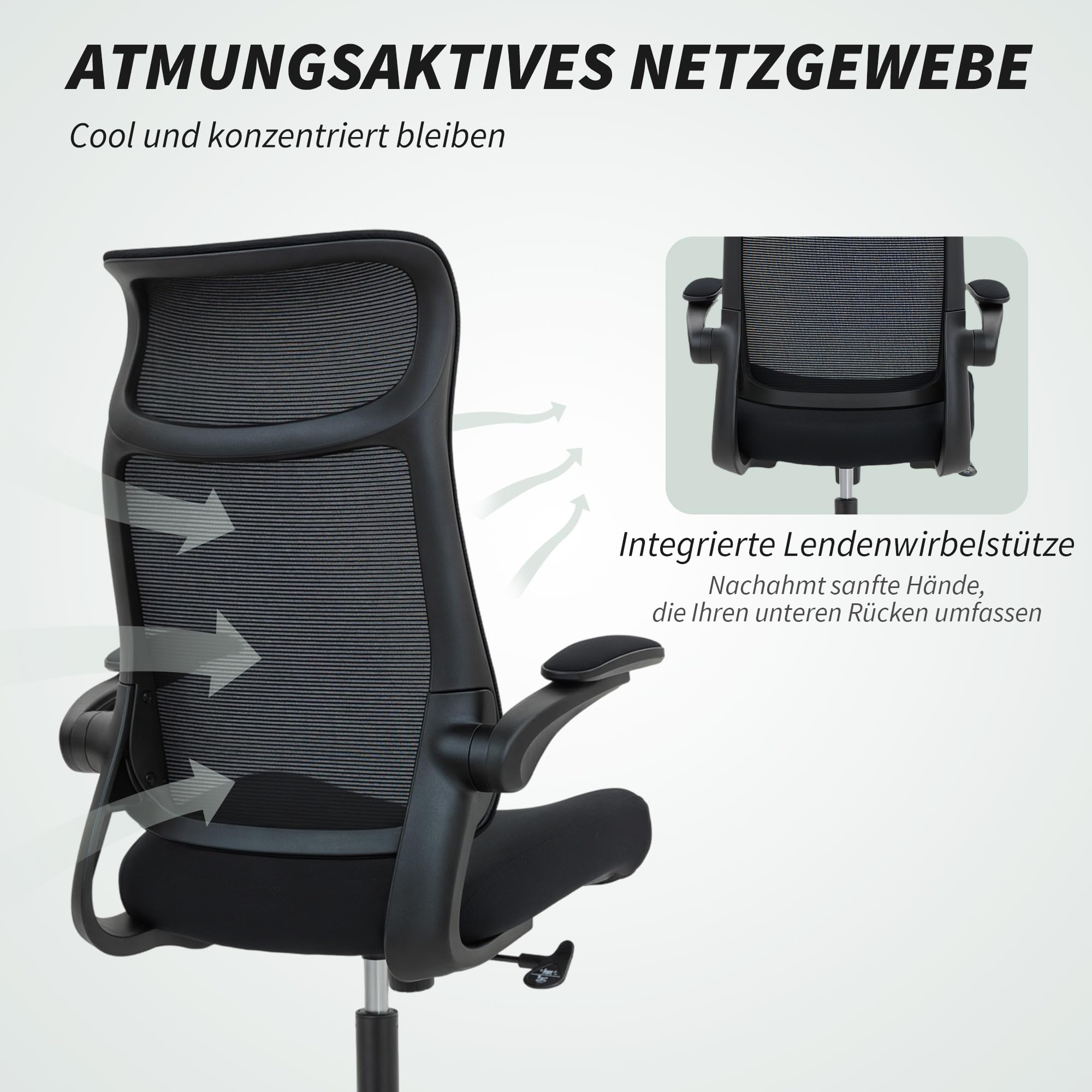 HOMCOM Bürostuhl, Ergonomischer Schreibtischstuhl, Kopfstütze, Schwarz | 3D Einstellbarer Armlehne, Höhenverstellbarer Computerstuhl Drehstuhl mit Wippfunktion, Netzbespannung